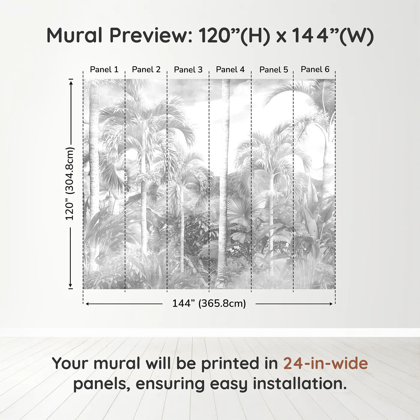 Whimsy Tots Misty Jungle Wall Mural in Grayscaledimension view (120" H x 144" W). Printed in six 24-inch-wide panels. Gender-Neutral