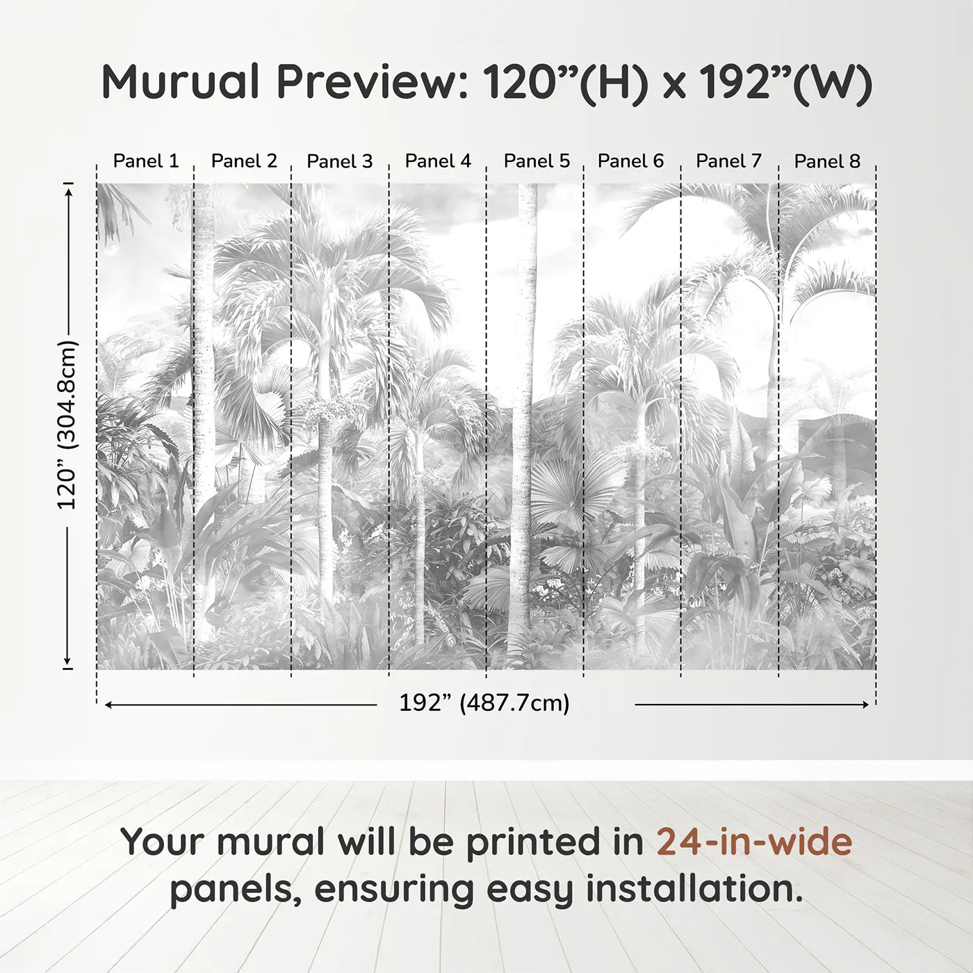 Whimsy Tots Misty Jungle Wall Mural in Grayscaledimension view (120" H x 192" W). Printed in eight 24-inch-wide panels. Gender-Neutral