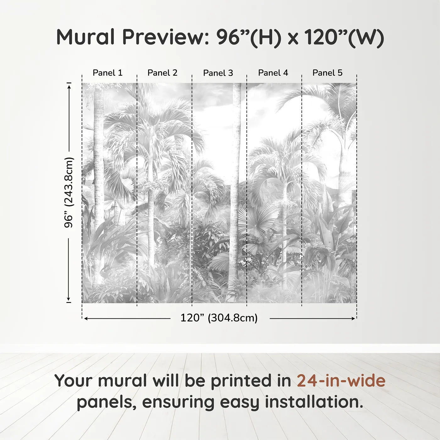 Whimsy Tots Misty Jungle Wall Mural in Grayscaledimension view (96" H x 120" W). Printed in five 24-inch-wide panels. Gender-Neutral