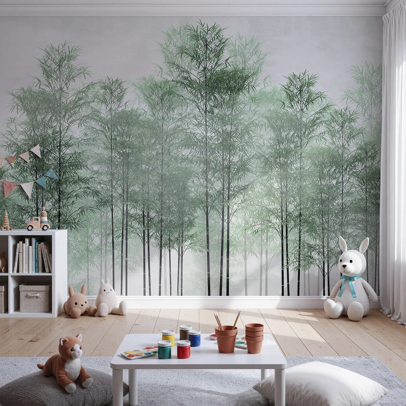 Front view of Whimsy Tots' Misty Green Bamboo Forest Wall Mural