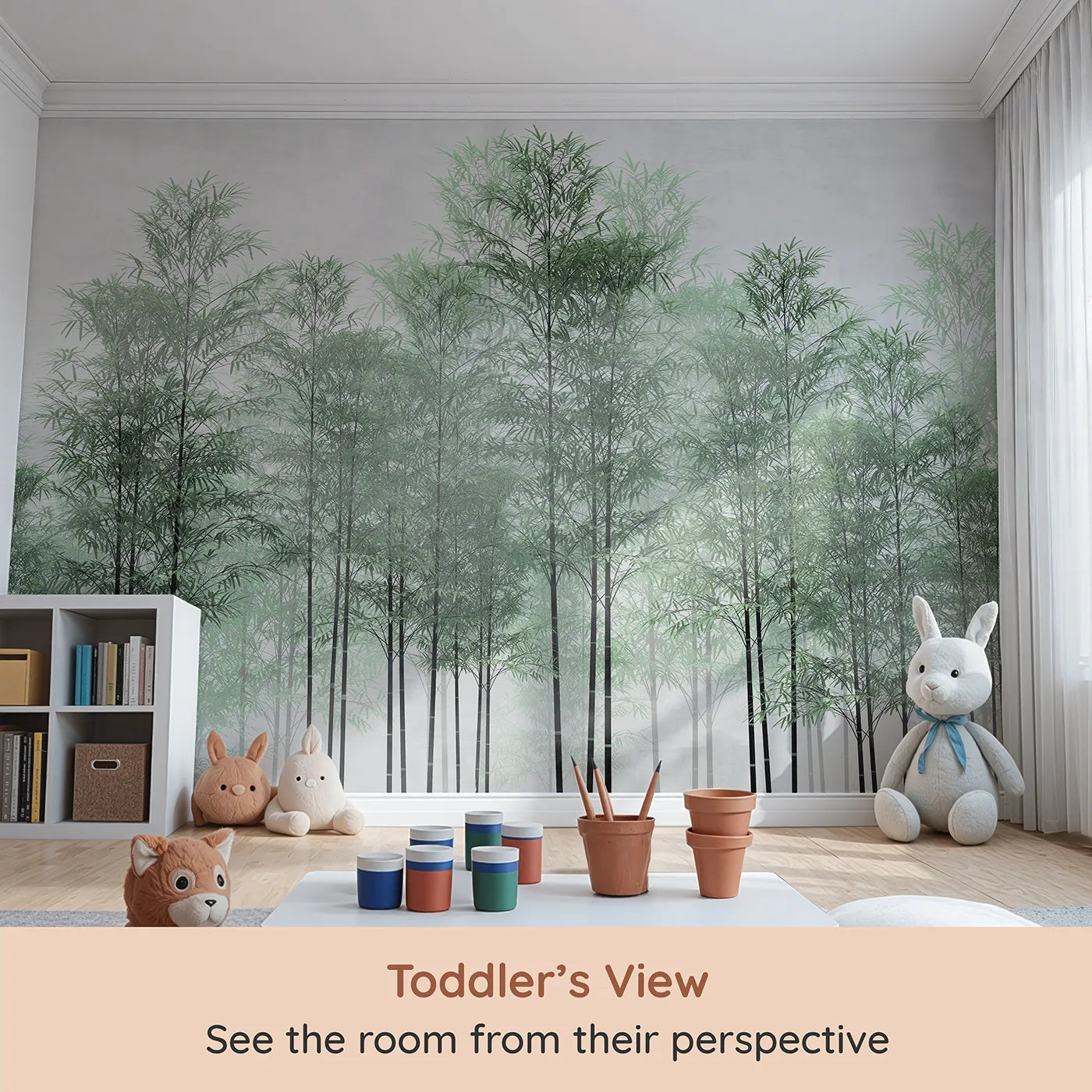 Whimsy Tots Misty Green Bamboo Forest Wall Mural (Turn Their Room into a Peaceful, Ethereal Grove) from your child's view.Gender-Neutral