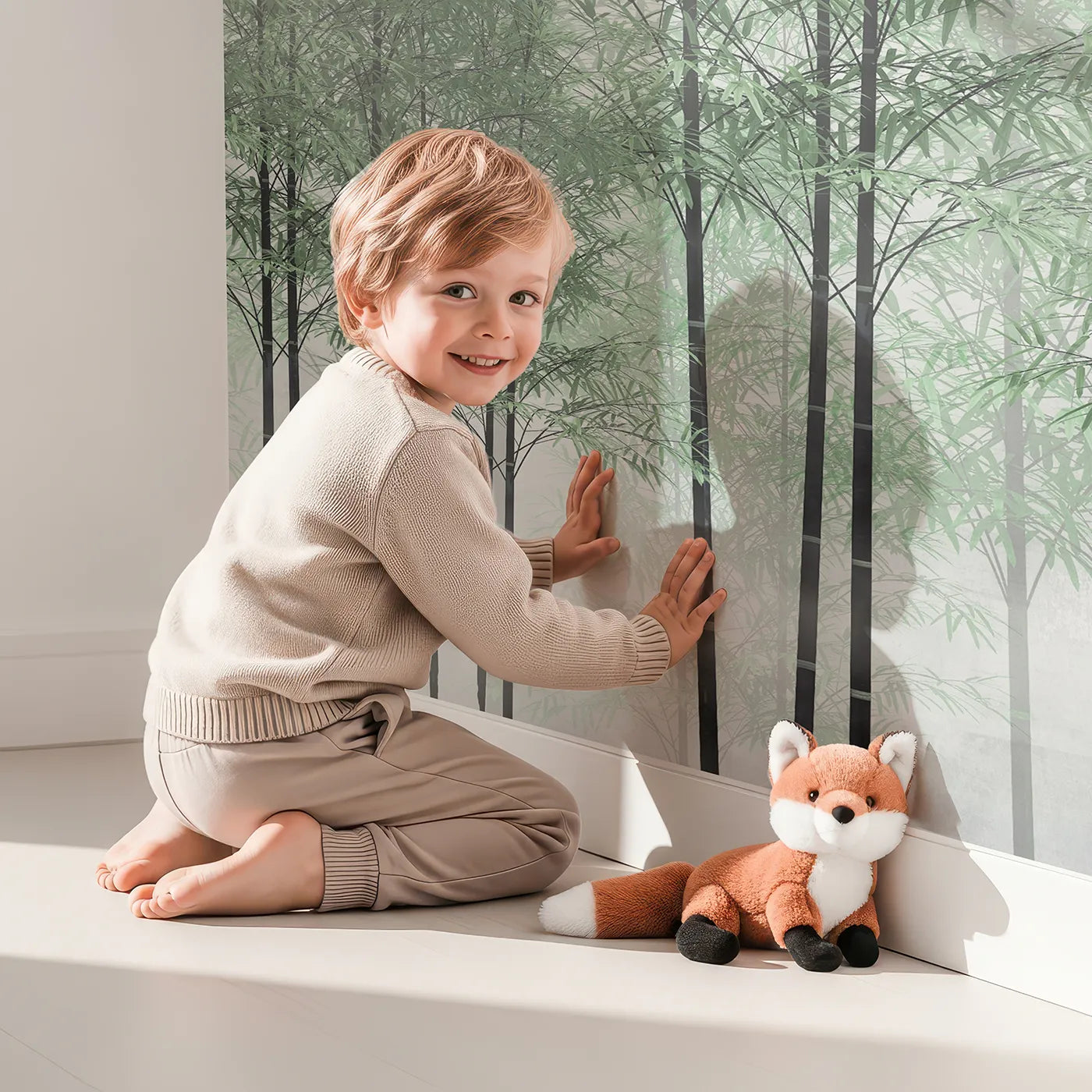 Child in front of Whimsy Tots Misty Green Bamboo Forest Wall Mural with bamboo, forest, mist, green, zen, japanese, woods, calm in design.