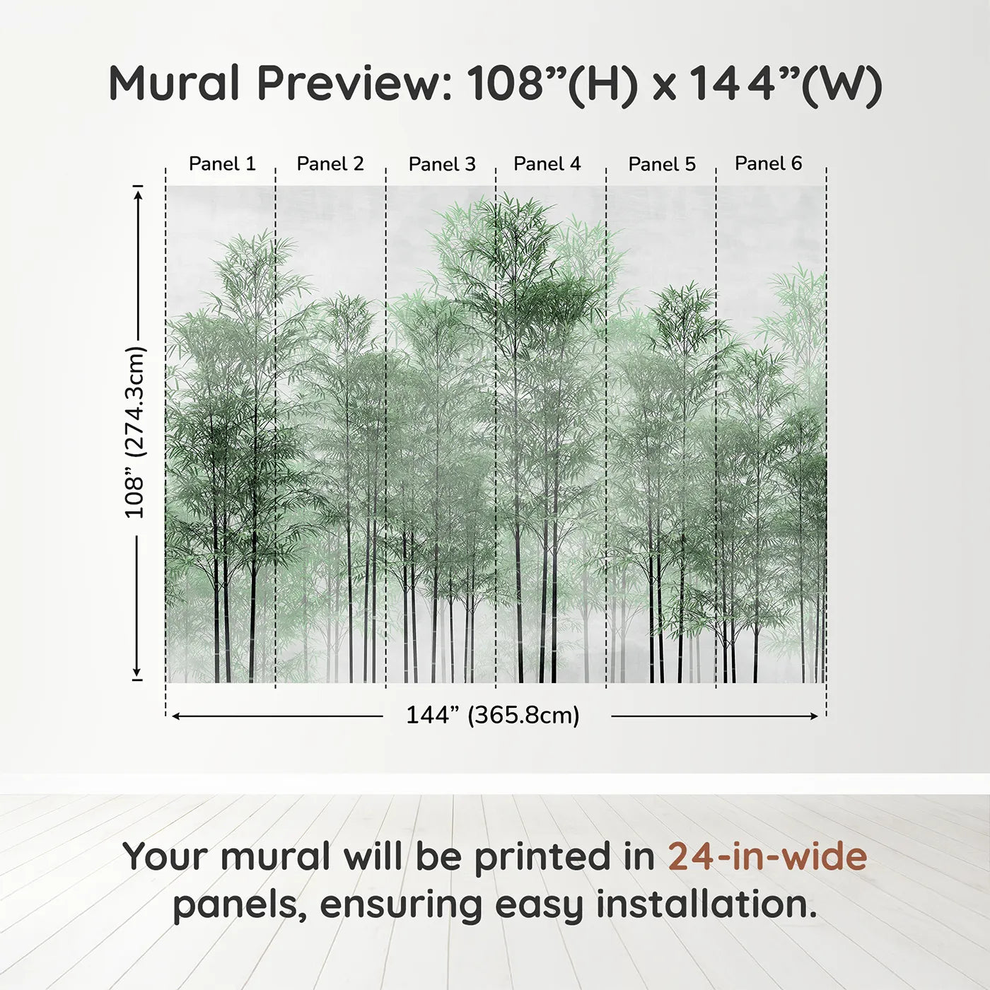 Whimsy Tots Misty Green Bamboo Forest Wall Muraldimension view (108" H x 144" W). Printed in six 24-inch-wide panels. Gender-Neutral