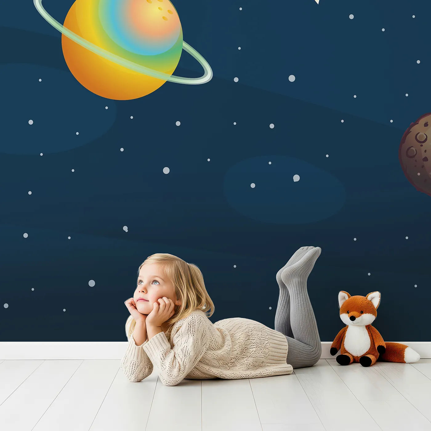 Child in front of Whimsy Tots Cartoon Solar System Wall Mural with space, planet, astronaut, rocket, alien, cartoon, solar system, earth in design.