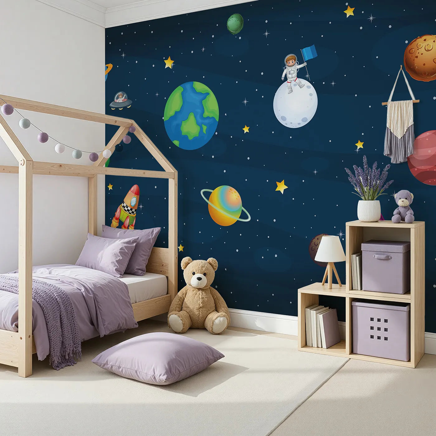 Angled view of Whimsy Tots' Cartoon Solar System Wall Mural (Turn Their Room into a Fun and Friendly Galaxy).Gender-Neutral