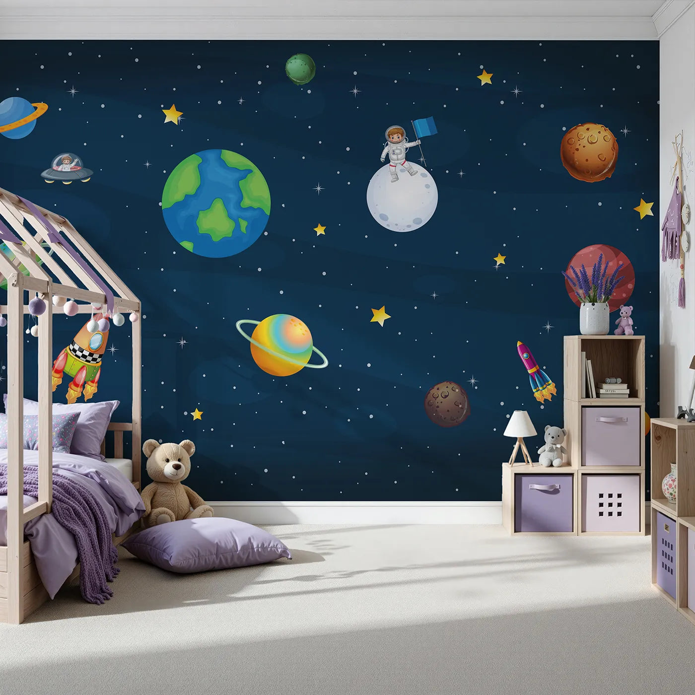 Front view of Whimsy Tots' Cartoon Solar System Wall Mural