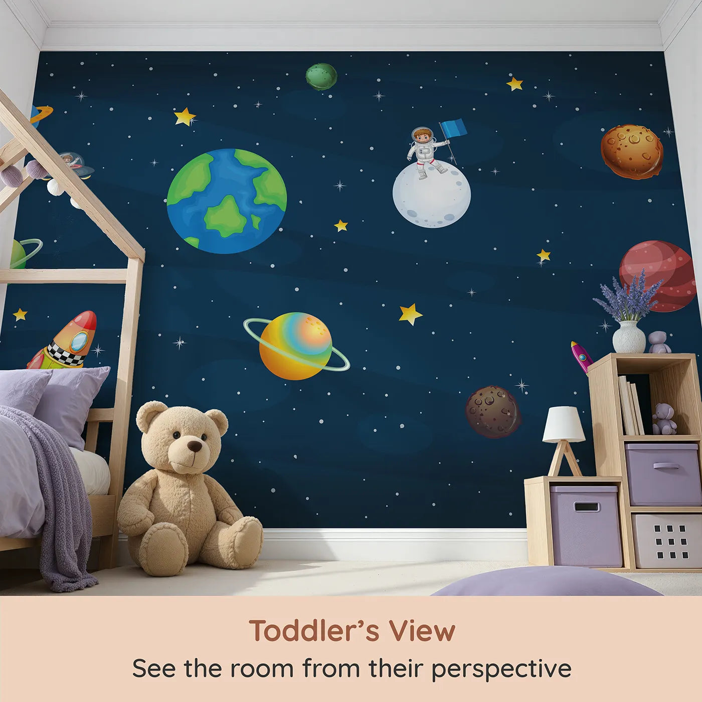 Whimsy Tots Cartoon Solar System Wall Mural (Turn Their Room into a Fun and Friendly Galaxy) from your child's view.Gender-Neutral