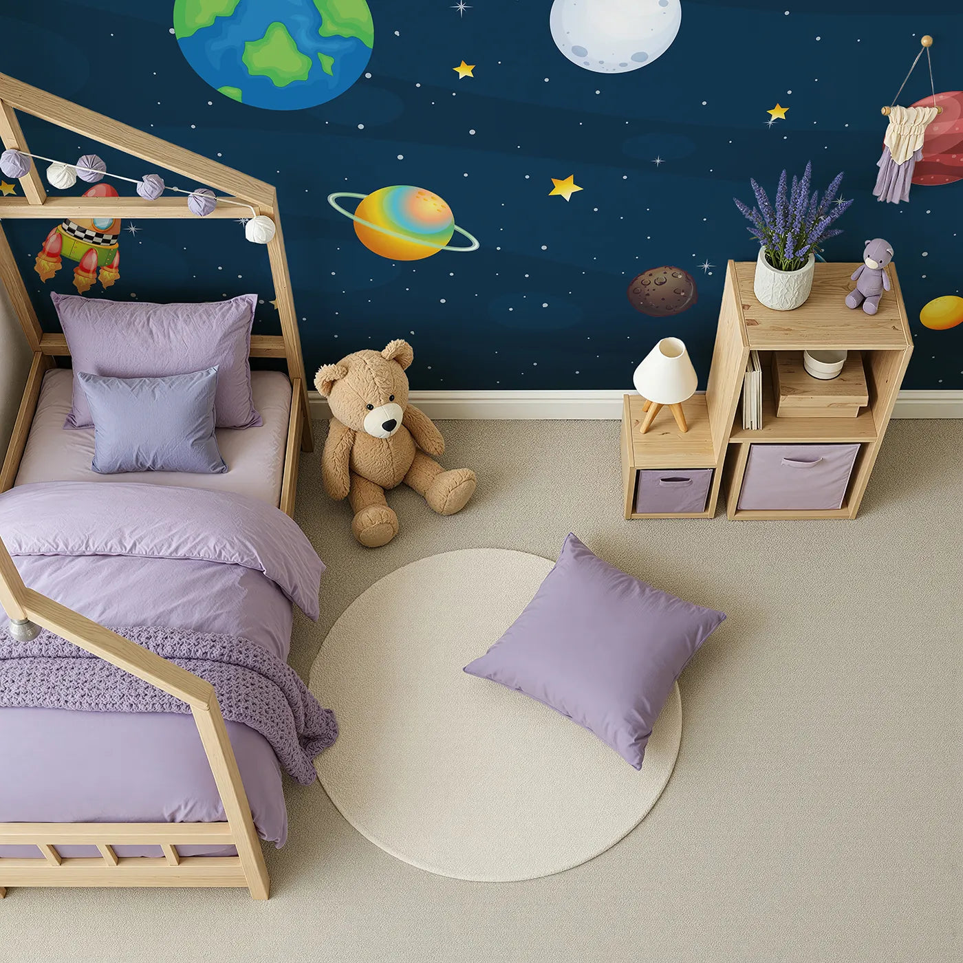 Top-down view of Whimsy Tots' Cartoon Solar System Wall Mural (Turn Their Room into a Fun and Friendly Galaxy).Gender-Neutral