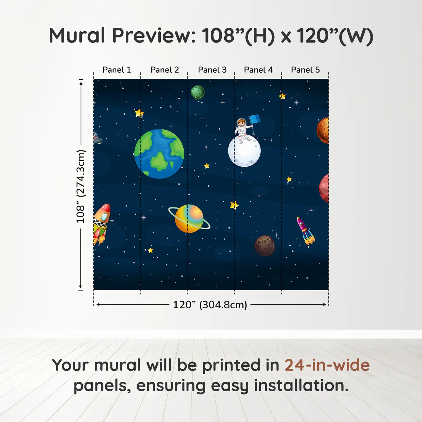 Whimsy Tots Cartoon Solar System Wall Muraldimension view (108" H x 120" W). Printed in five 24-inch-wide panels. Gender-Neutral