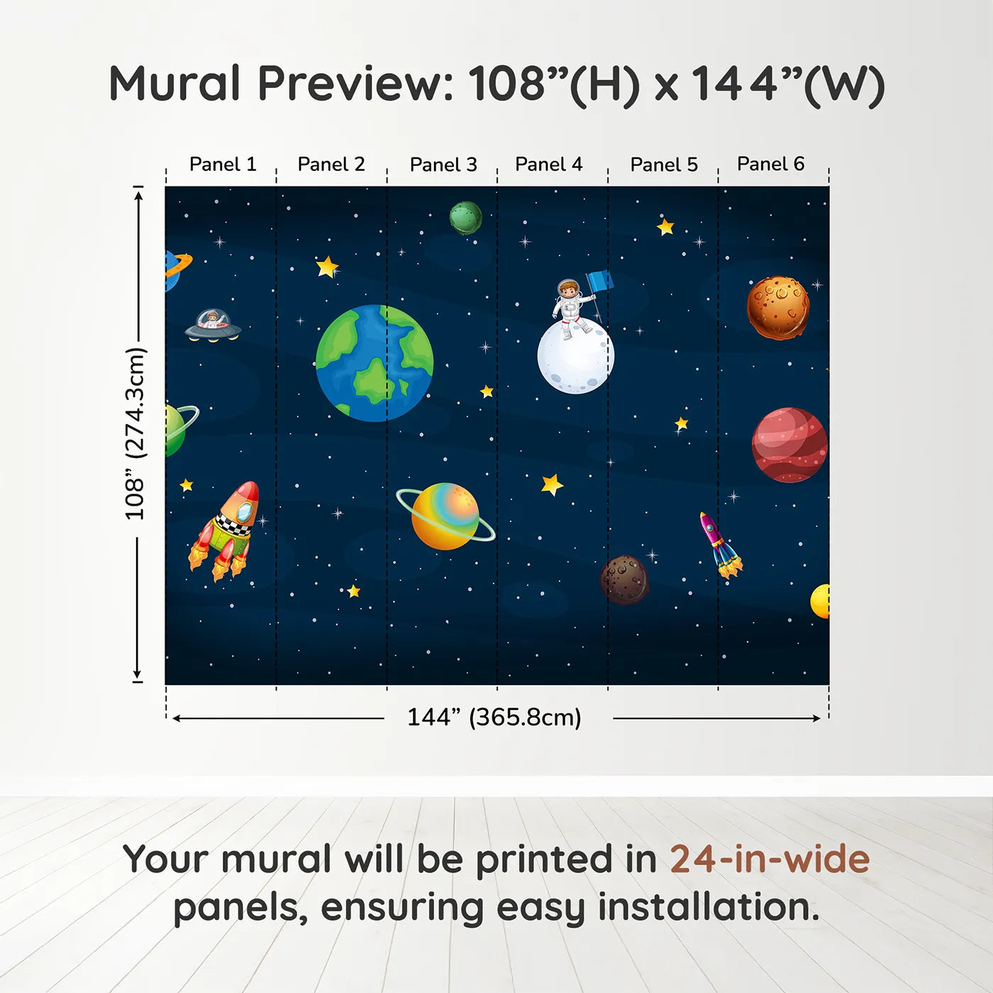 Whimsy Tots Cartoon Solar System Wall Muraldimension view (108" H x 144" W). Printed in six 24-inch-wide panels. Gender-Neutral