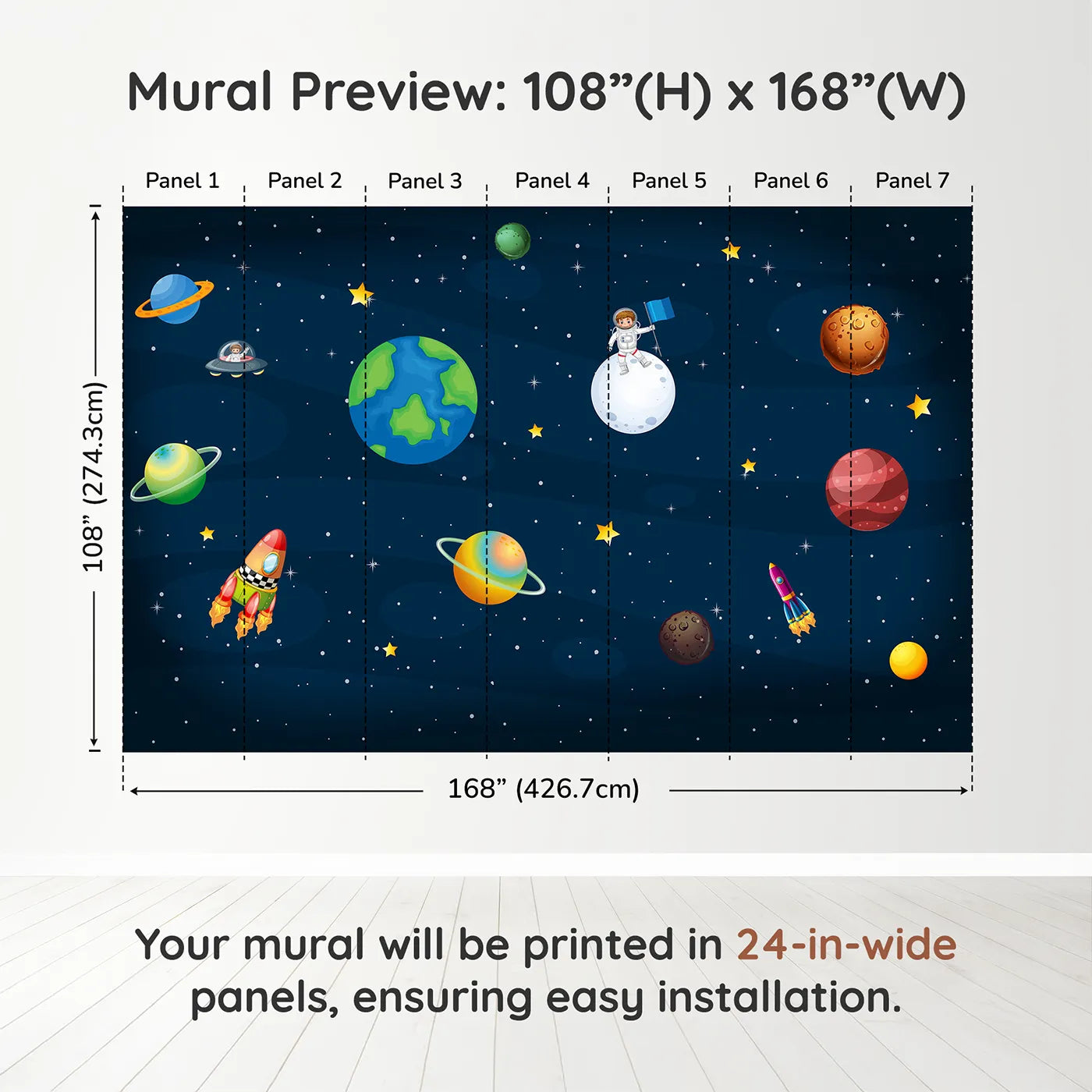 Whimsy Tots Cartoon Solar System Wall Muraldimension view (108" H x 168" W). Printed in seven 24-inch-wide panels. Gender-Neutral