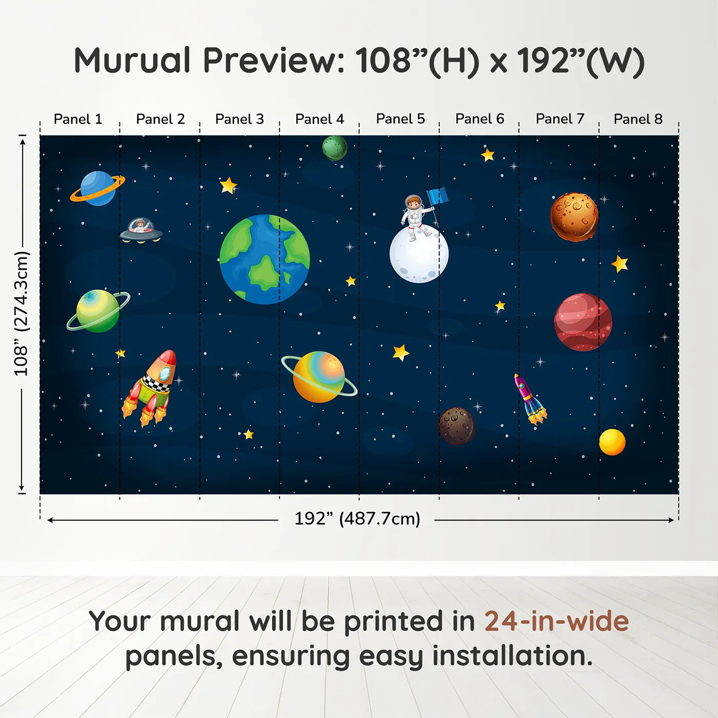 Whimsy Tots Cartoon Solar System Wall Muraldimension view (108" H x 192" W). Printed in eight 24-inch-wide panels. Gender-Neutral