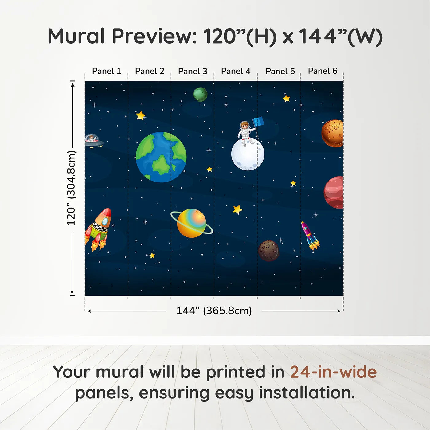 Whimsy Tots Cartoon Solar System Wall Muraldimension view (120" H x 144" W). Printed in six 24-inch-wide panels. Gender-Neutral