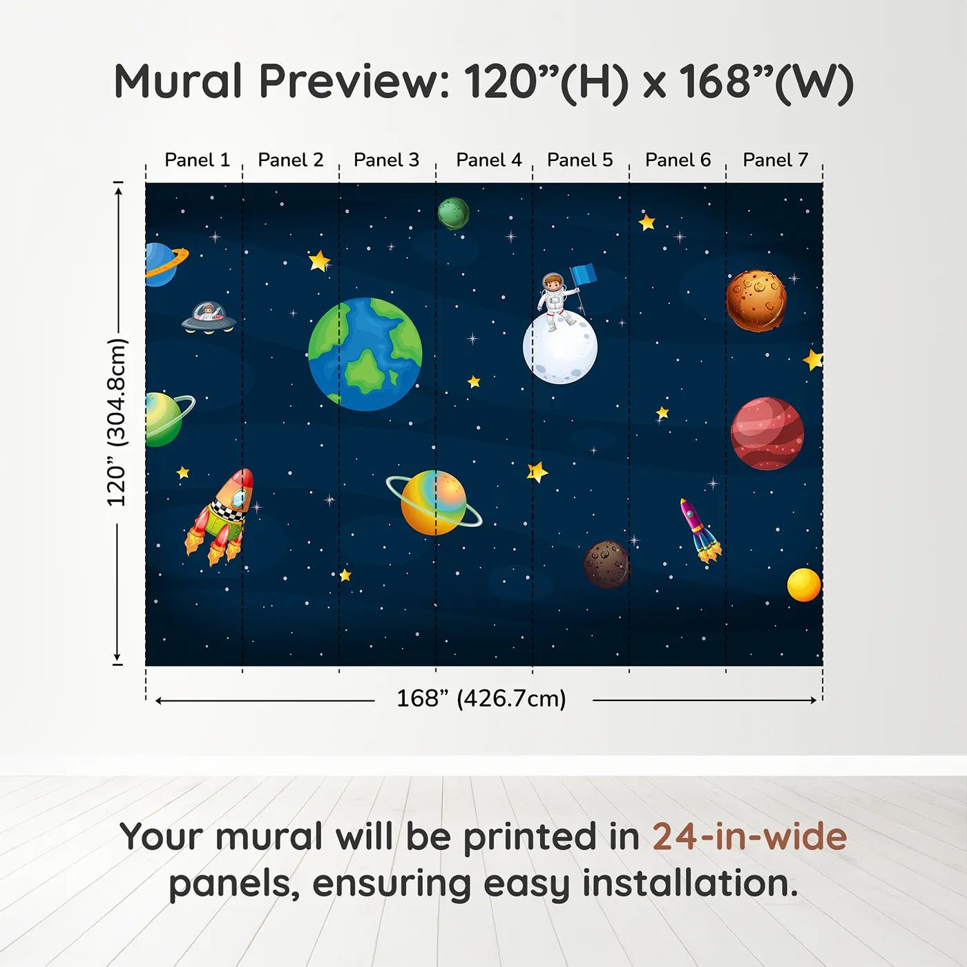 Whimsy Tots Cartoon Solar System Wall Muraldimension view (120" H x 168" W). Printed in seven 24-inch-wide panels. Gender-Neutral