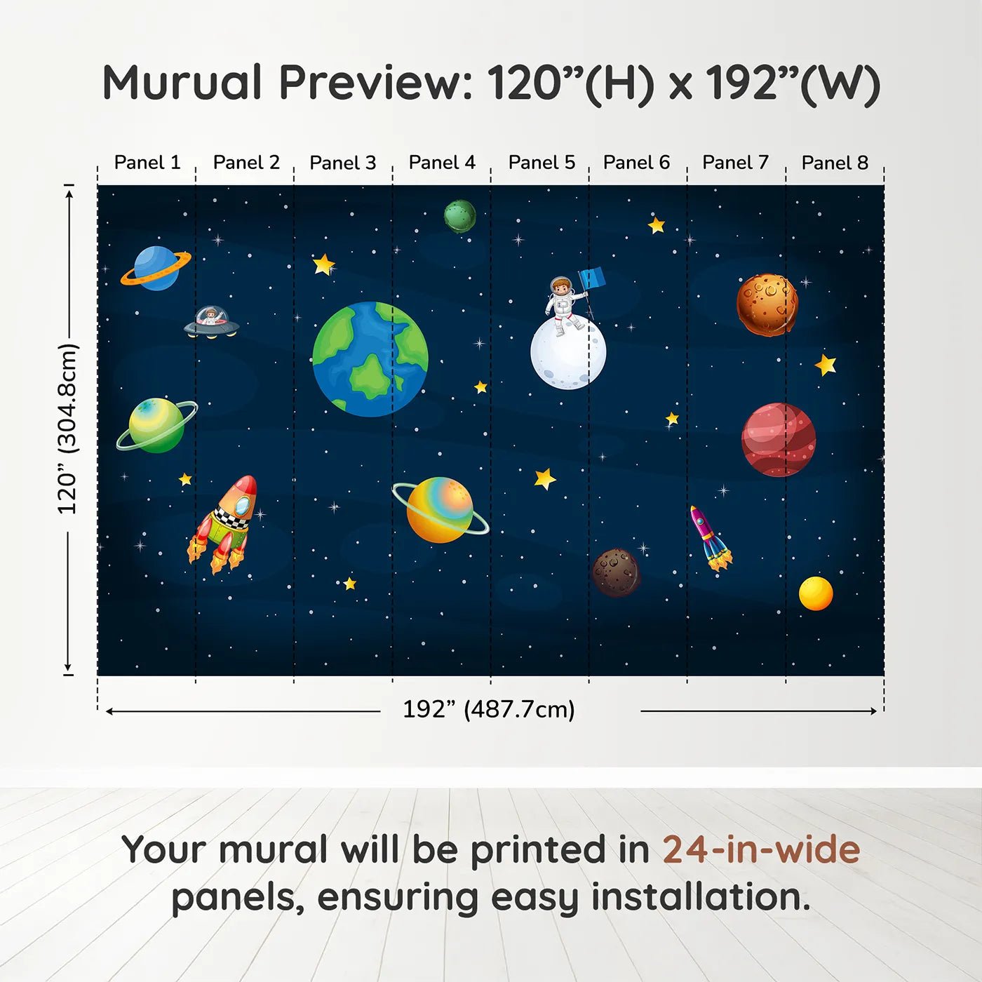 Whimsy Tots Cartoon Solar System Wall Muraldimension view (120" H x 192" W). Printed in eight 24-inch-wide panels. Gender-Neutral