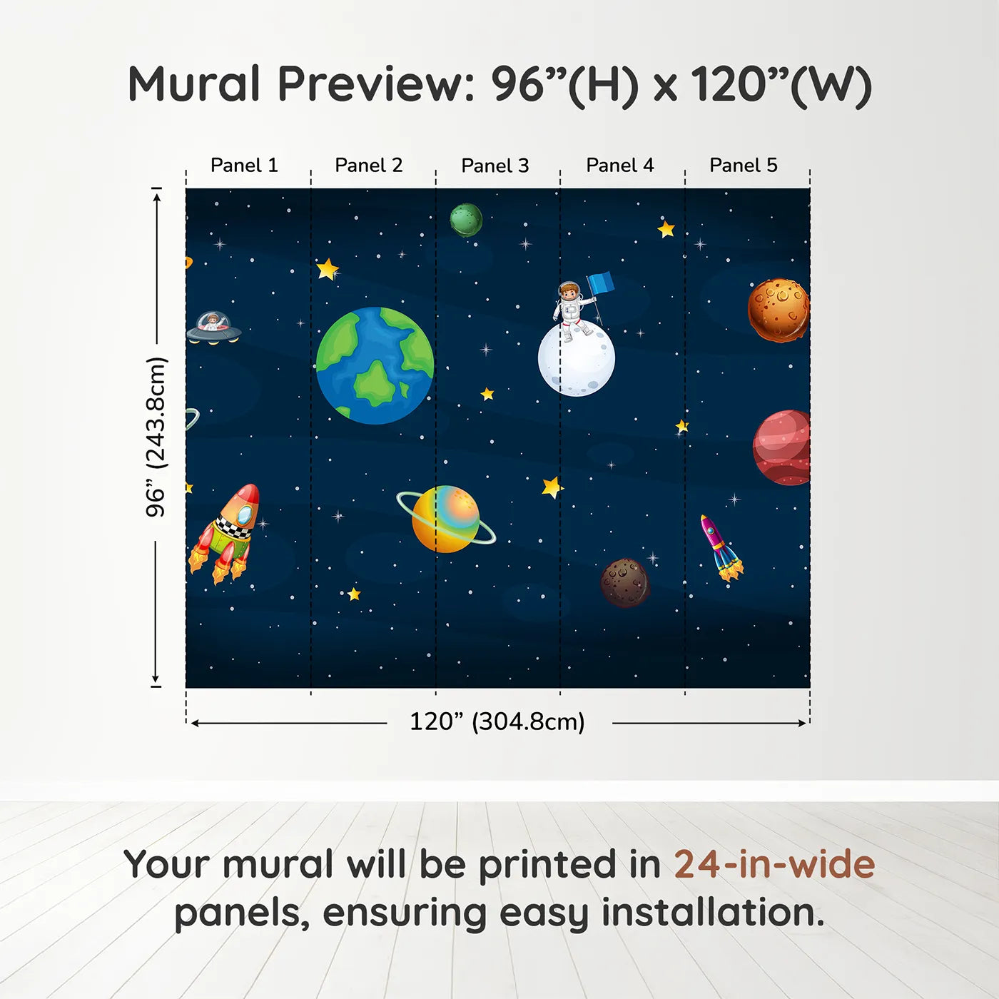 Whimsy Tots Cartoon Solar System Wall Muraldimension view (96" H x 120" W). Printed in five 24-inch-wide panels. Gender-Neutral