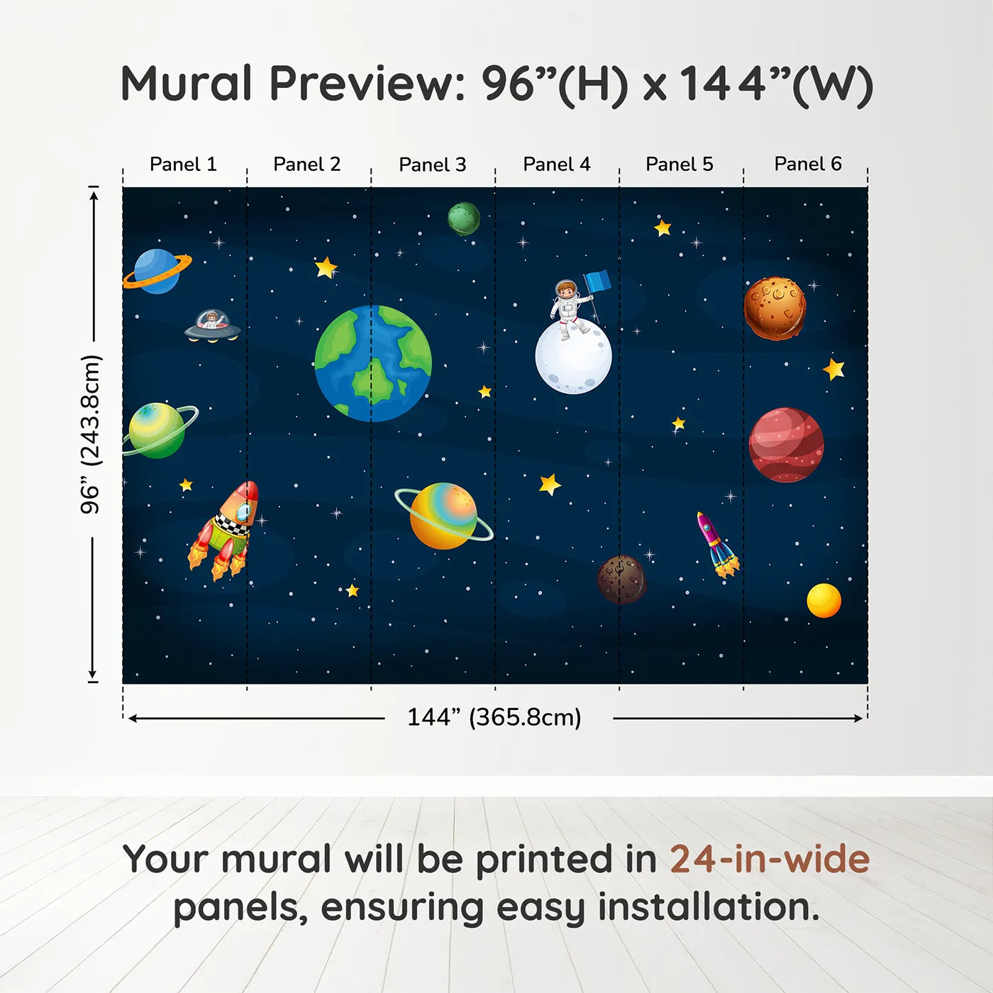 Whimsy Tots Cartoon Solar System Wall Muraldimension view (96" H x 144" W). Printed in six 24-inch-wide panels. Gender-Neutral