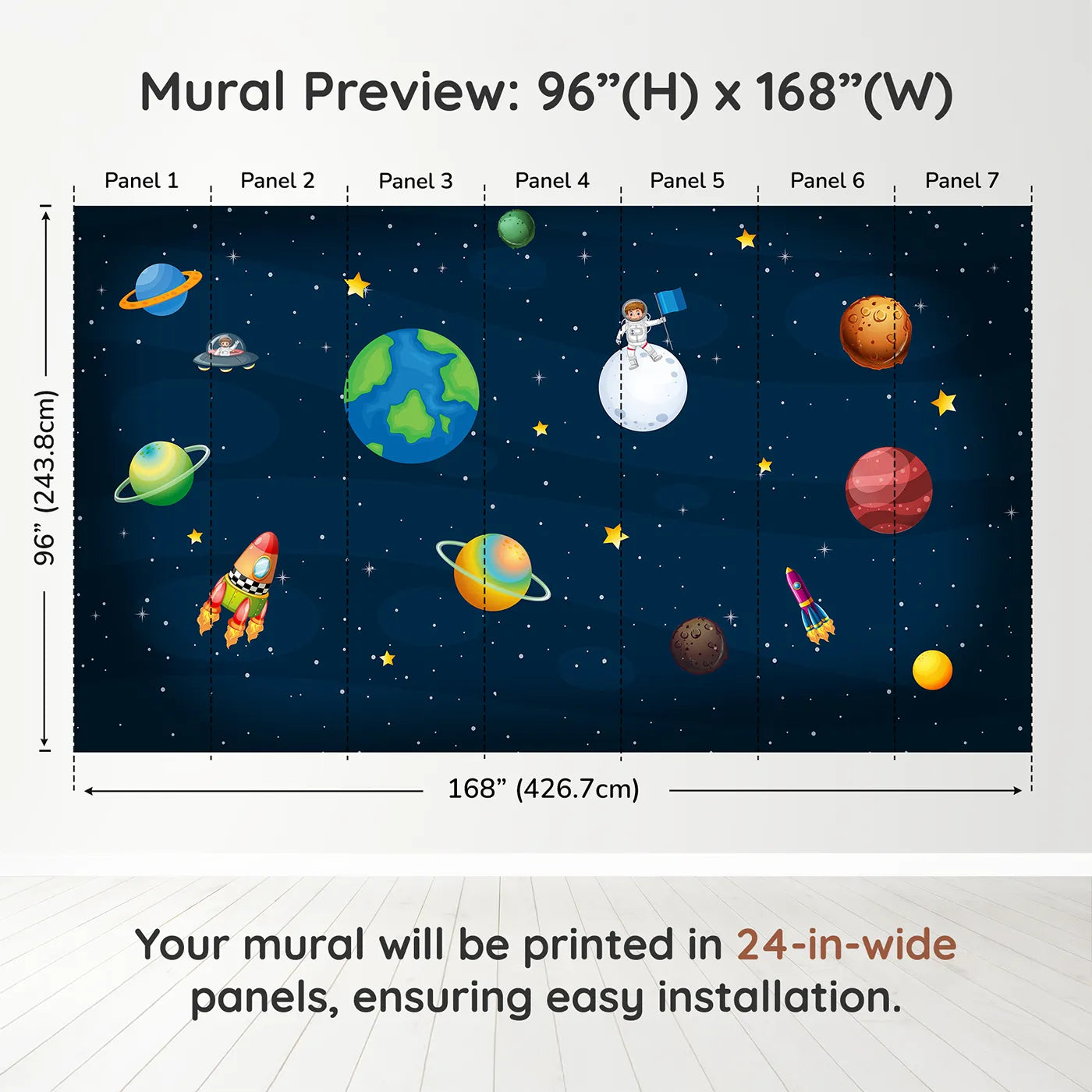 Whimsy Tots Cartoon Solar System Wall Muraldimension view (96" H x 168" W). Printed in seven 24-inch-wide panels. Gender-Neutral