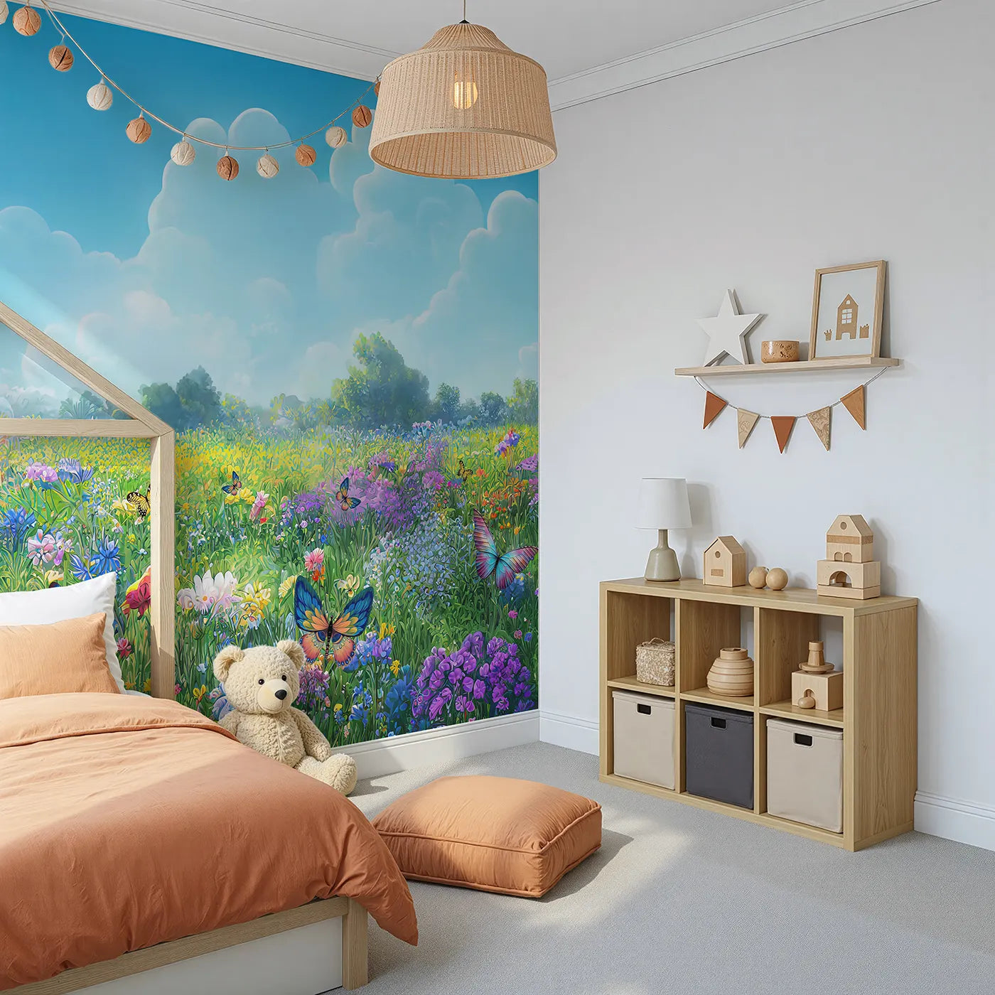 Angled view of Whimsy Tots' Vibrant Butterfly Meadow Wall Mural (Turn Their Room into a Breathtaking Field of Flowers).Gender-Neutral
