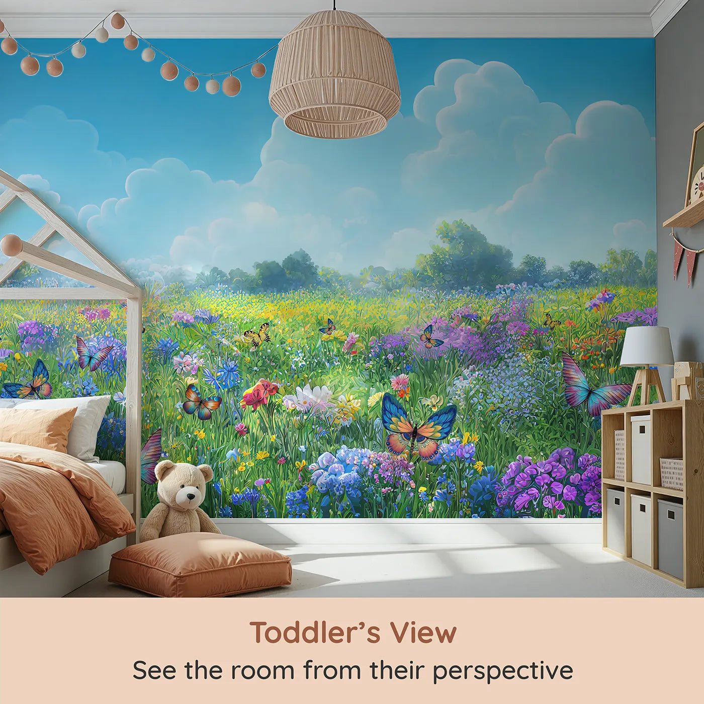 Whimsy Tots Vibrant Butterfly Meadow Wall Mural (Turn Their Room into a Breathtaking Field of Flowers) from your child's view.Gender-Neutral