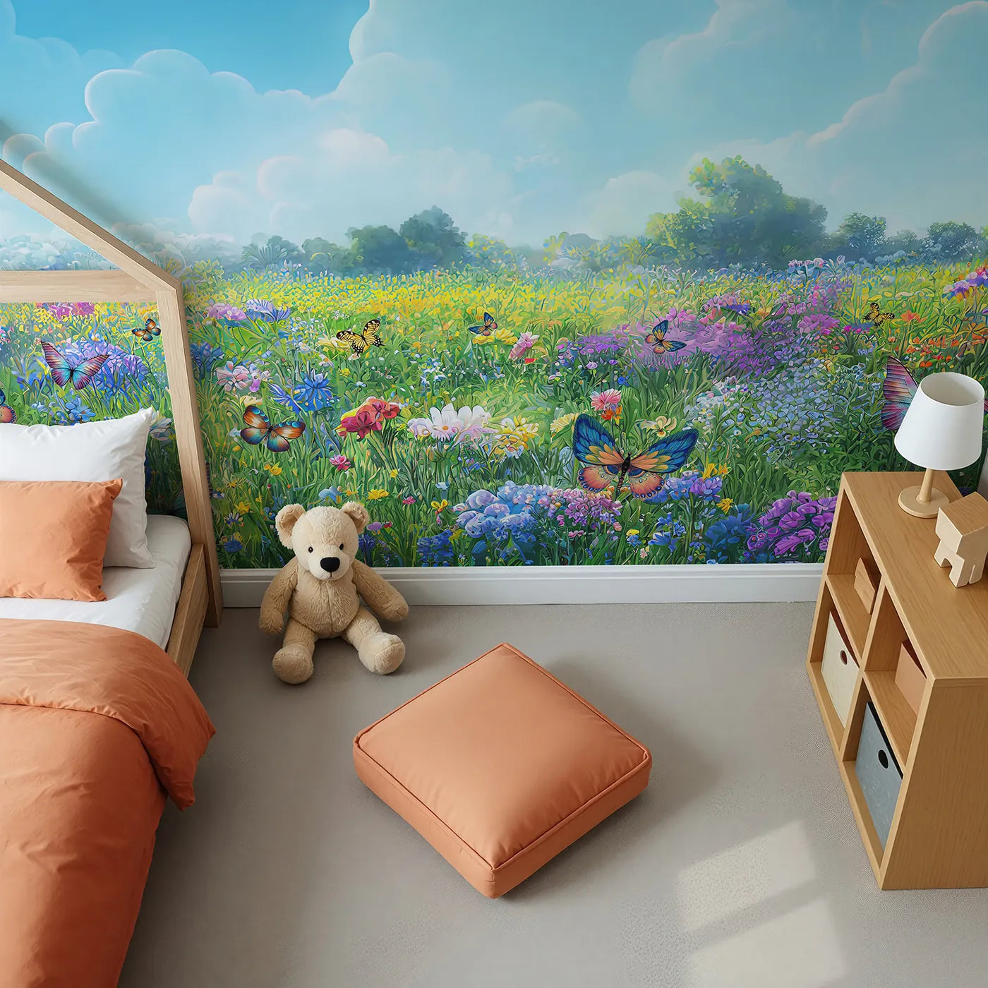 Top-down view of Whimsy Tots' Vibrant Butterfly Meadow Wall Mural (Turn Their Room into a Breathtaking Field of Flowers).Gender-Neutral