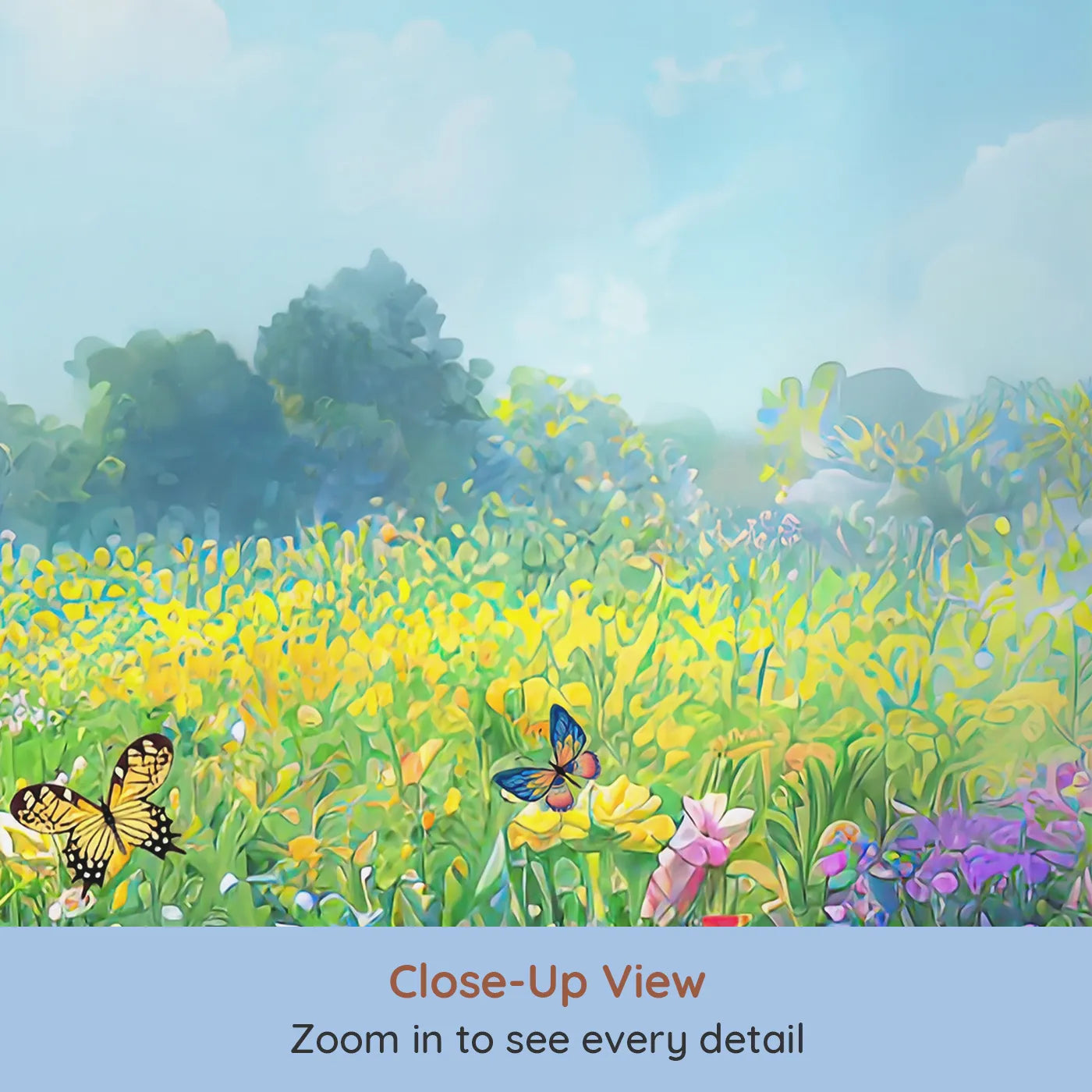Close-up view of Whimsy Tots' Vibrant Butterfly Meadow Wall Mural (Turn Their Room into a Breathtaking Field of Flowers).Gender-Neutral