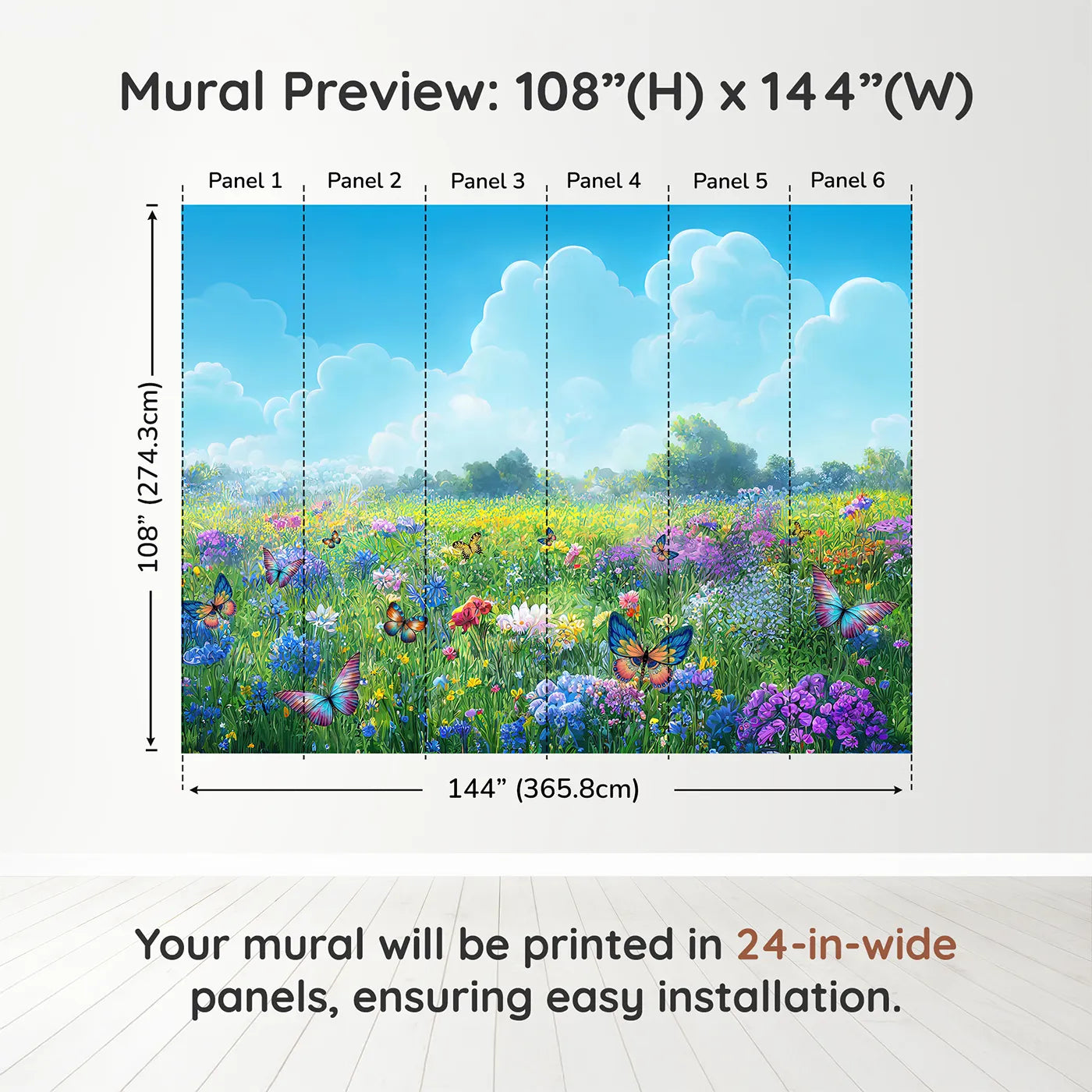 Whimsy Tots Vibrant Butterfly Meadow Wall Muraldimension view (108" H x 144" W). Printed in six 24-inch-wide panels. Gender-Neutral