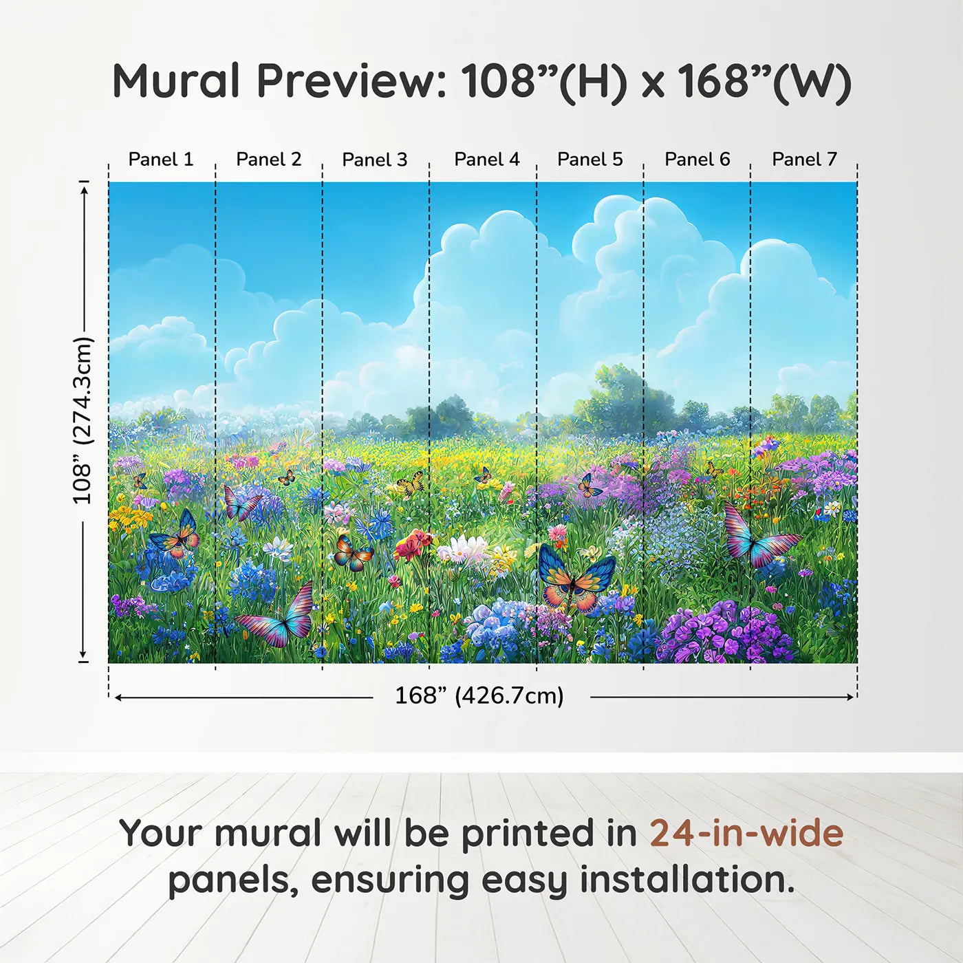 Whimsy Tots Vibrant Butterfly Meadow Wall Muraldimension view (108" H x 168" W). Printed in seven 24-inch-wide panels. Gender-Neutral