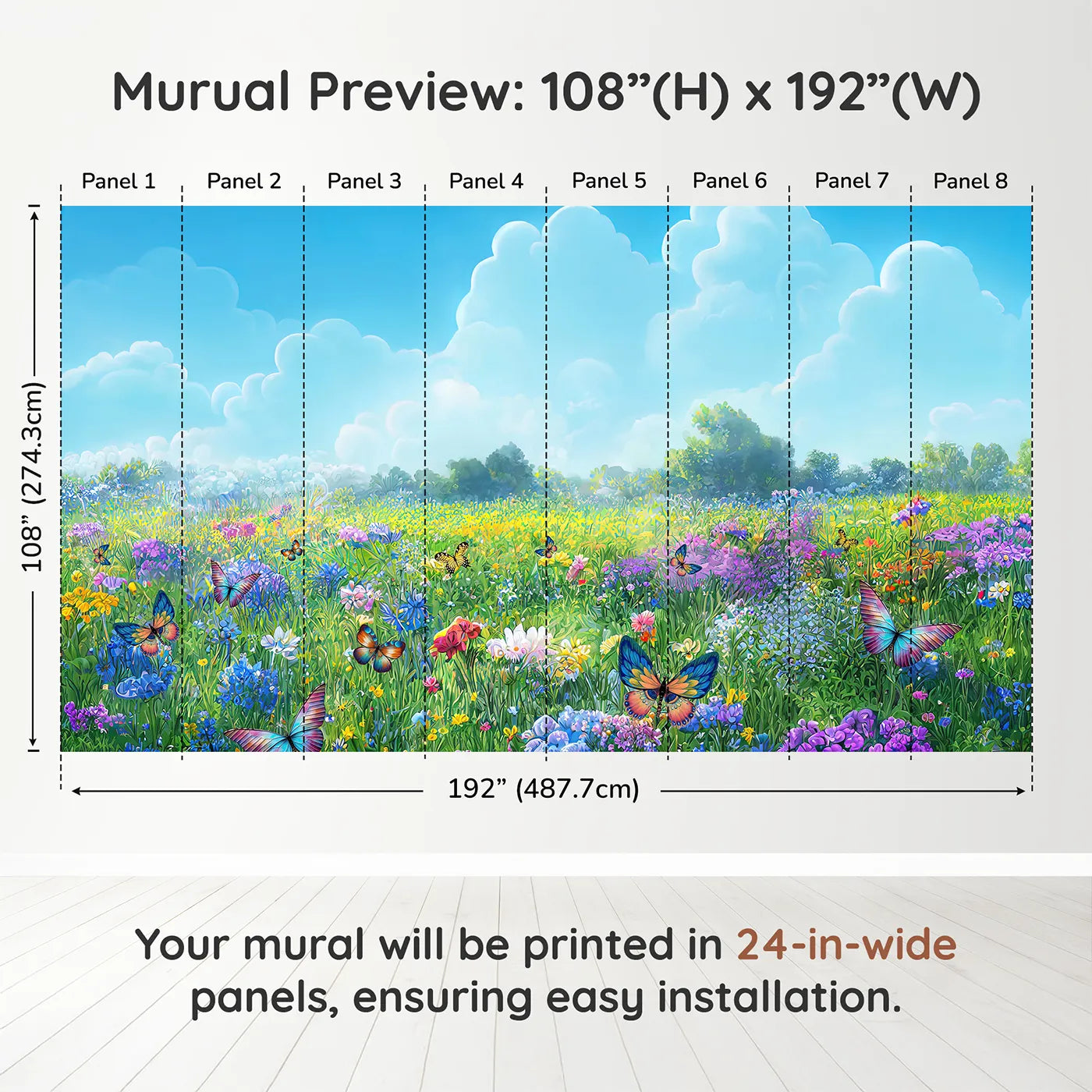 Whimsy Tots Vibrant Butterfly Meadow Wall Muraldimension view (108" H x 192" W). Printed in eight 24-inch-wide panels. Gender-Neutral