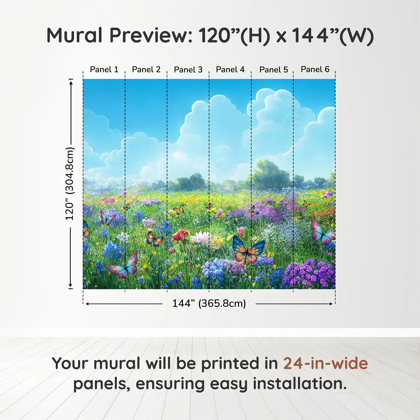 Whimsy Tots Vibrant Butterfly Meadow Wall Muraldimension view (120" H x 144" W). Printed in six 24-inch-wide panels. Gender-Neutral