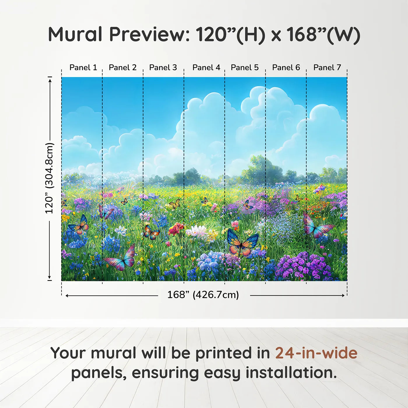 Whimsy Tots Vibrant Butterfly Meadow Wall Muraldimension view (120" H x 168" W). Printed in seven 24-inch-wide panels. Gender-Neutral