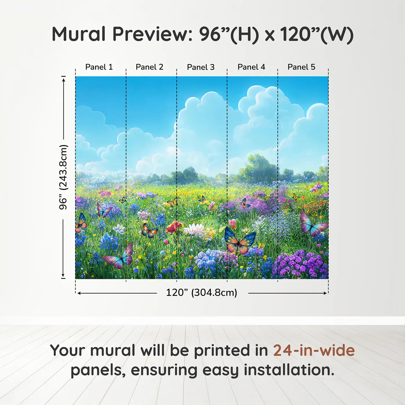 Whimsy Tots Vibrant Butterfly Meadow Wall Muraldimension view (96" H x 120" W). Printed in five 24-inch-wide panels. Gender-Neutral