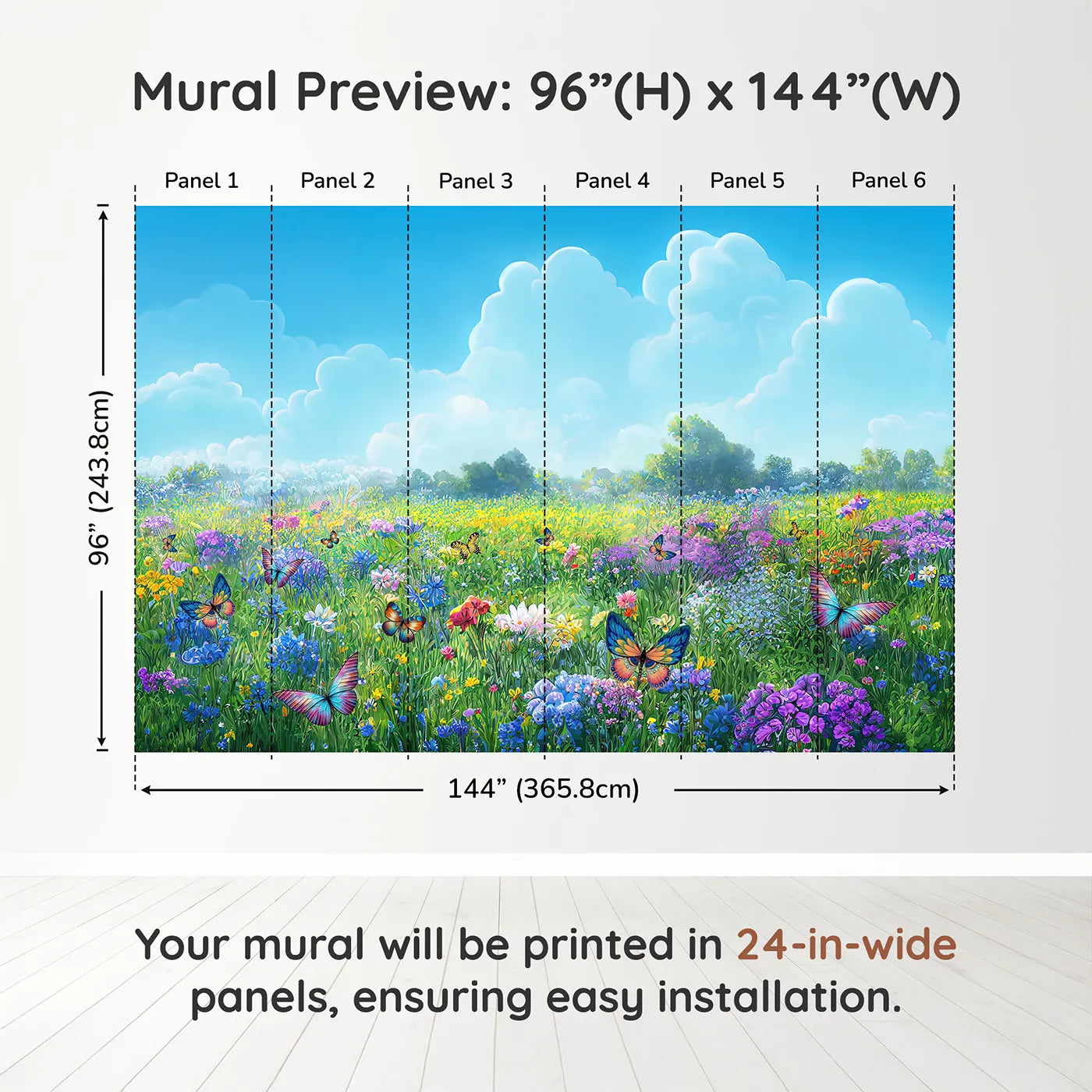 Whimsy Tots Vibrant Butterfly Meadow Wall Muraldimension view (96" H x 144" W). Printed in six 24-inch-wide panels. Gender-Neutral
