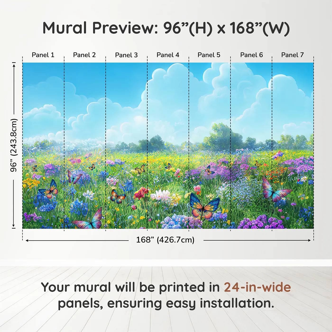 Whimsy Tots Vibrant Butterfly Meadow Wall Muraldimension view (96" H x 168" W). Printed in seven 24-inch-wide panels. Gender-Neutral