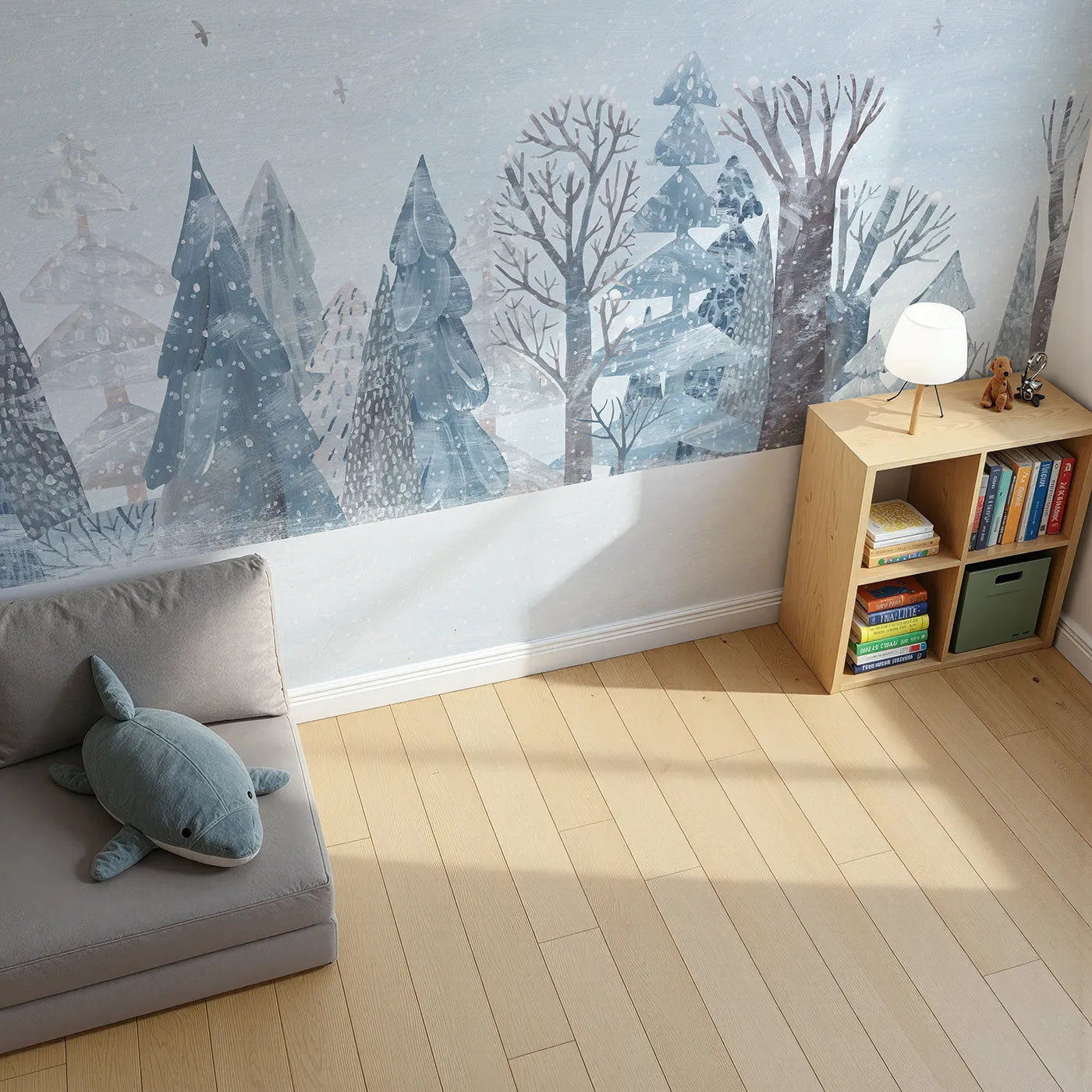 Top-down view of Whimsy Tots' Snowy Winter Forest Border Wall Mural (Turn Their Room into a Quiet, Hand-Painted Woodland).Gender-Neutral