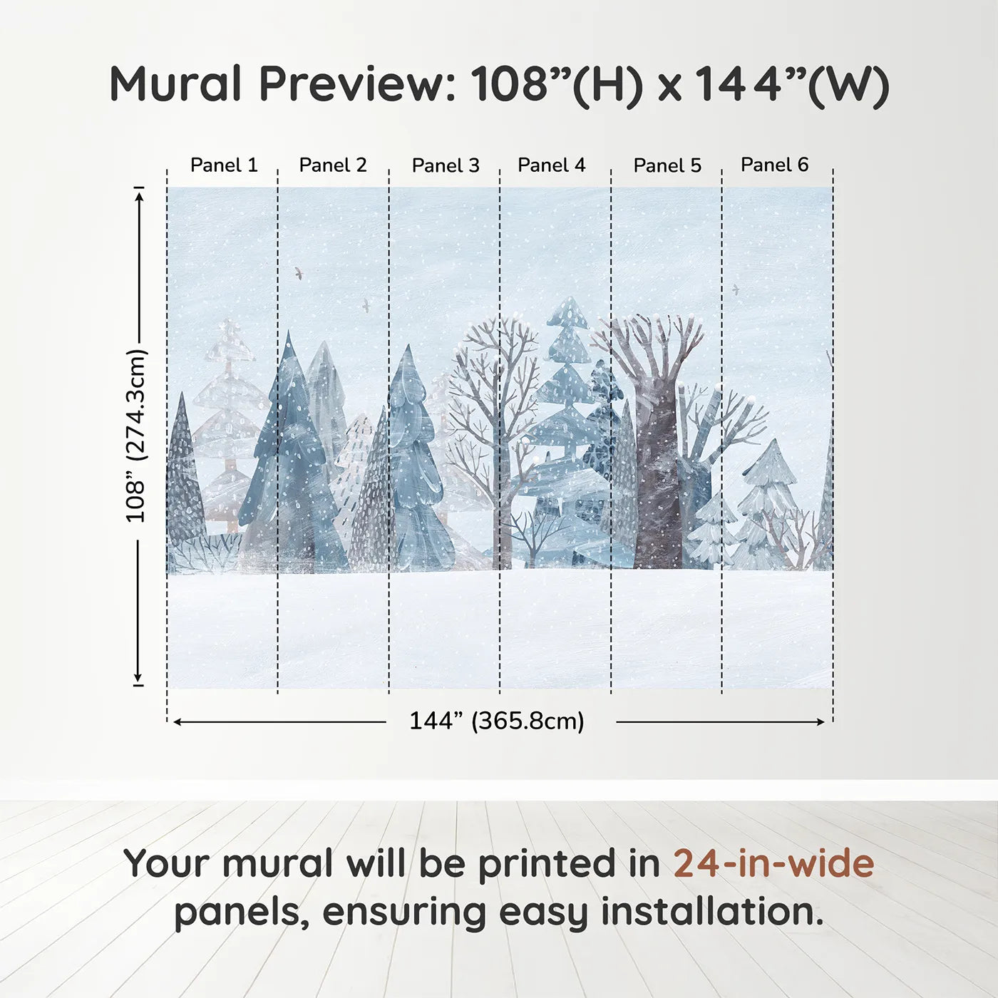 Whimsy Tots Snowy Winter Forest Border Wall Muraldimension view (108" H x 144" W). Printed in six 24-inch-wide panels. Gender-Neutral