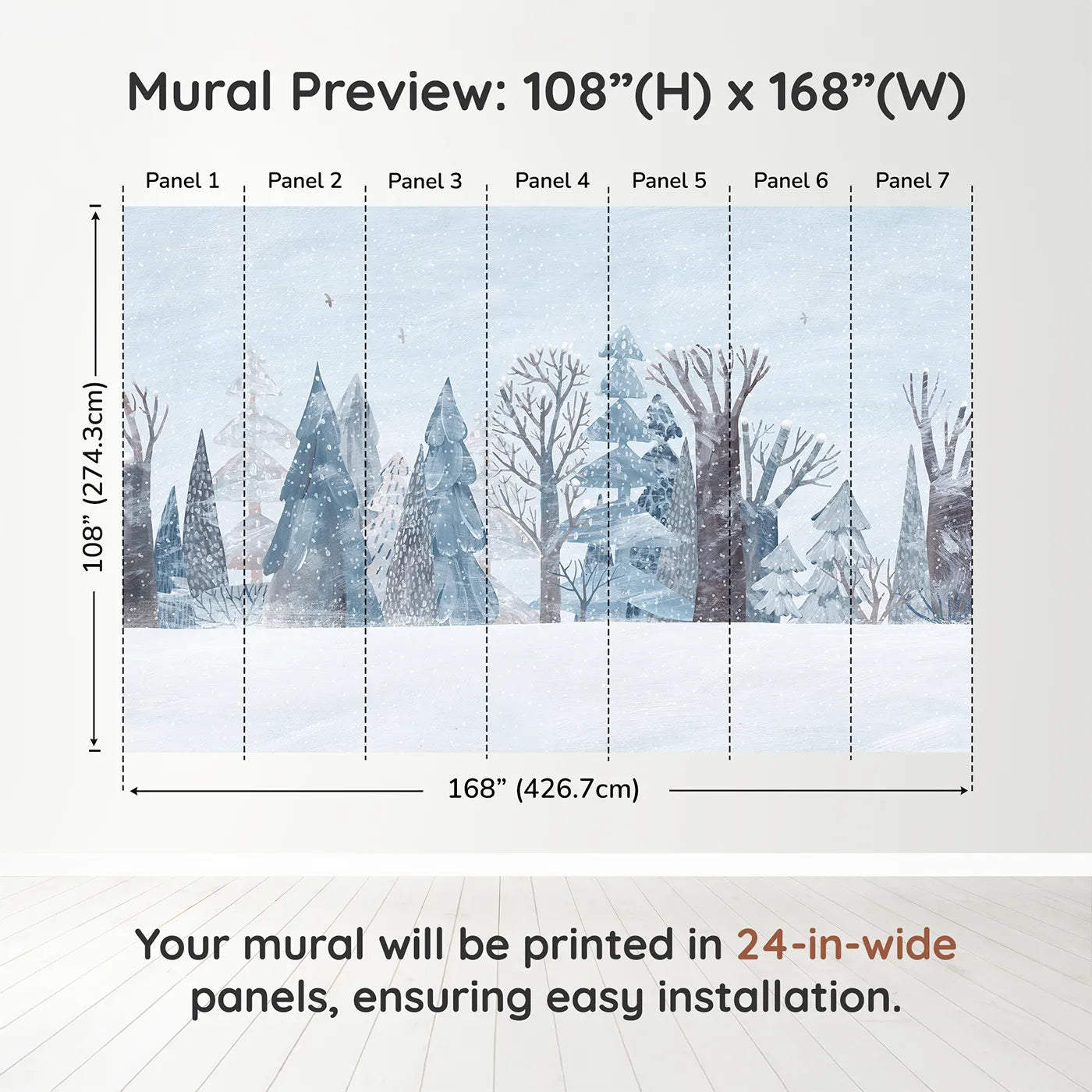 Whimsy Tots Snowy Winter Forest Border Wall Muraldimension view (108" H x 168" W). Printed in seven 24-inch-wide panels. Gender-Neutral