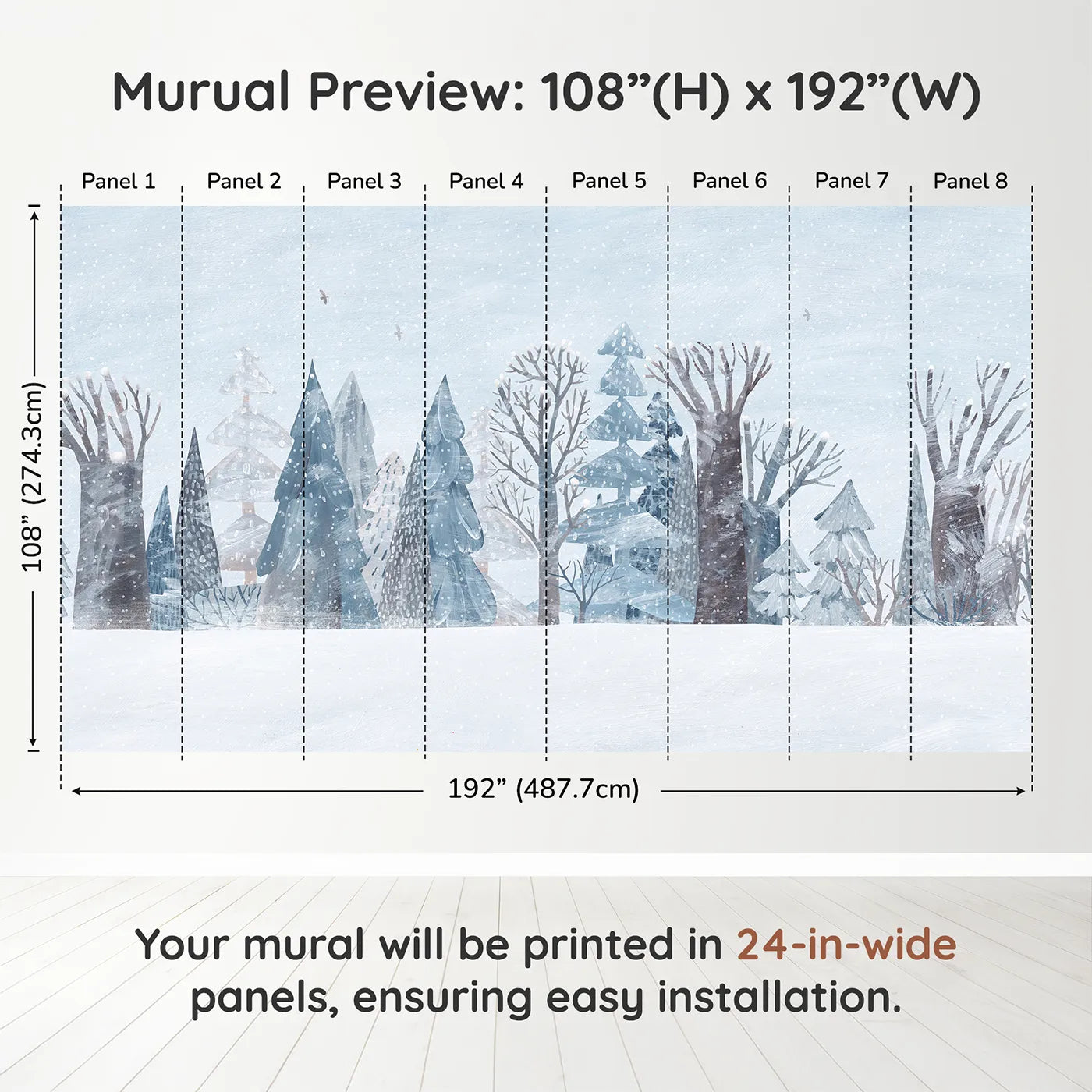 Whimsy Tots Snowy Winter Forest Border Wall Muraldimension view (108" H x 192" W). Printed in eight 24-inch-wide panels. Gender-Neutral