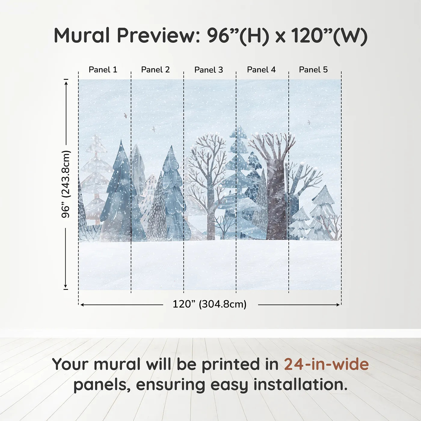 Whimsy Tots Snowy Winter Forest Border Wall Muraldimension view (96" H x 120" W). Printed in five 24-inch-wide panels. Gender-Neutral
