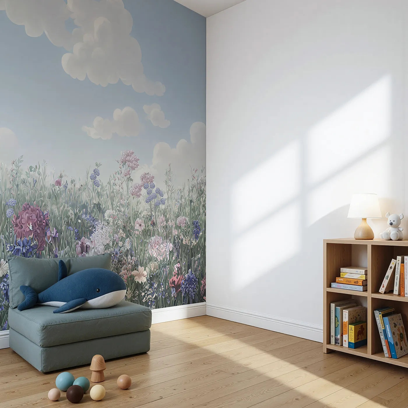 Angled view of Whimsy Tots' Pastel Wildflower Meadow Wall Mural (Turn Their Room into a Field of Gentle, Painted Flowers).Gender-Neutral