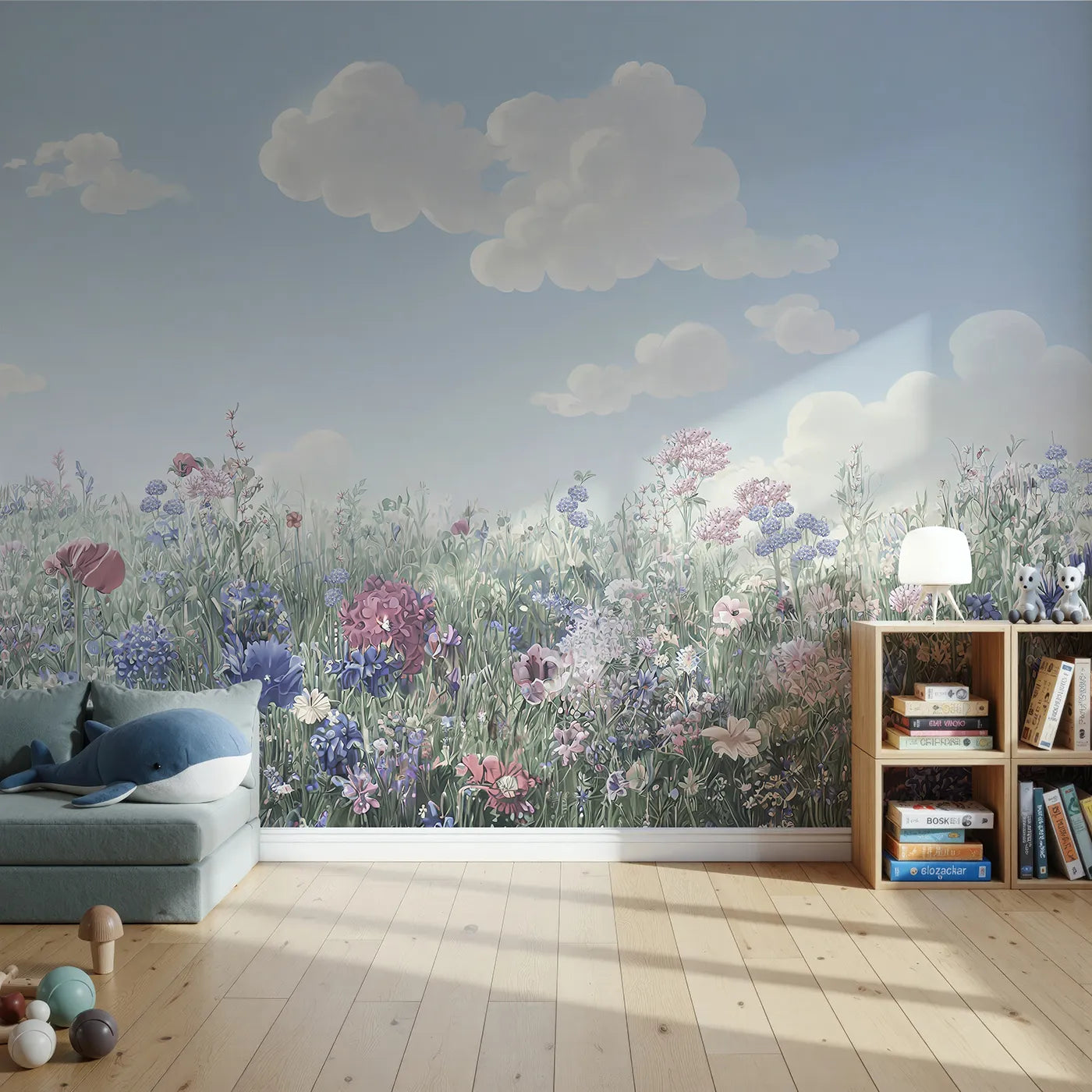 Front view of Whimsy Tots' Pastel Wildflower Meadow Wall Mural