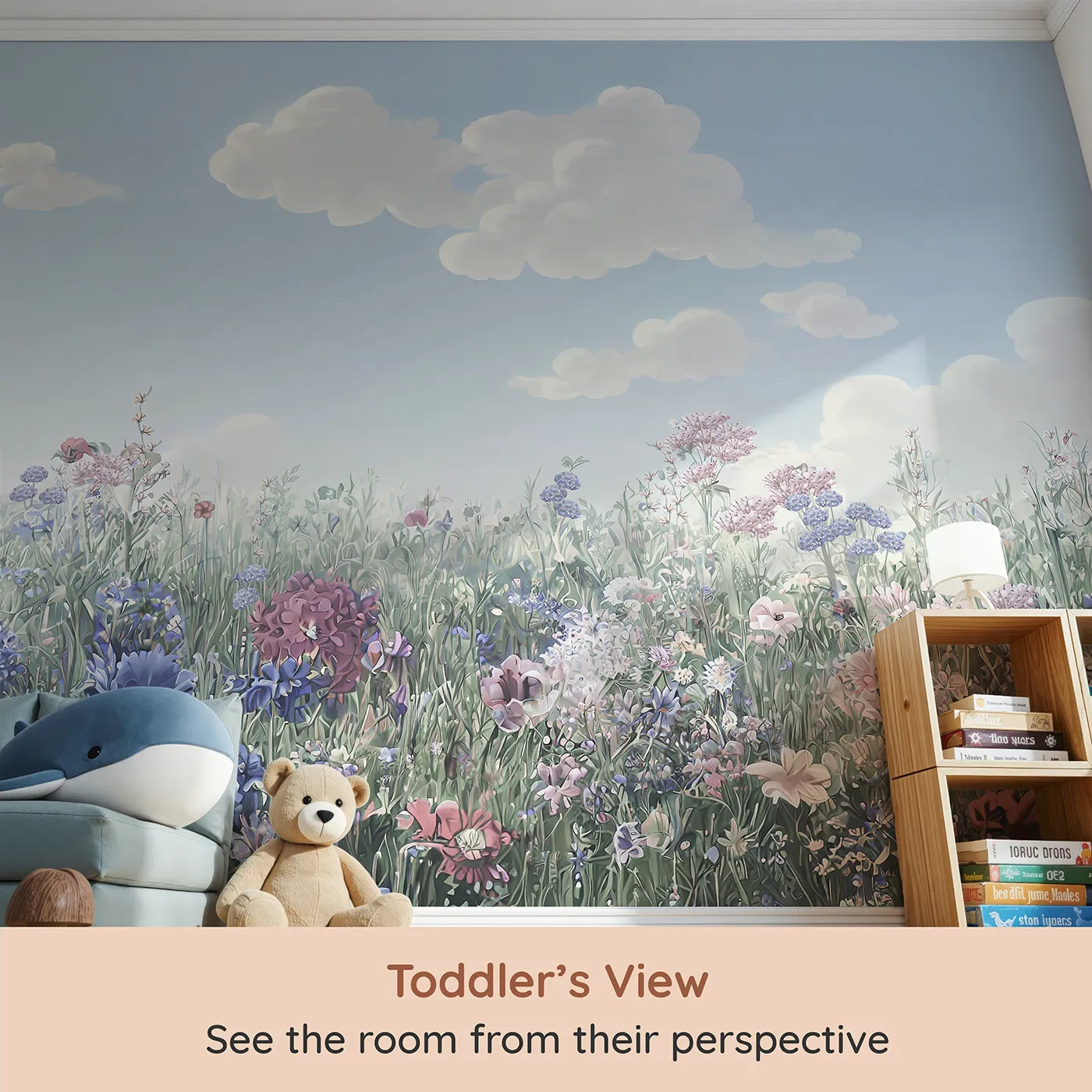 Whimsy Tots Pastel Wildflower Meadow Wall Mural (Turn Their Room into a Field of Gentle, Painted Flowers) from your child's view.Gender-Neutral