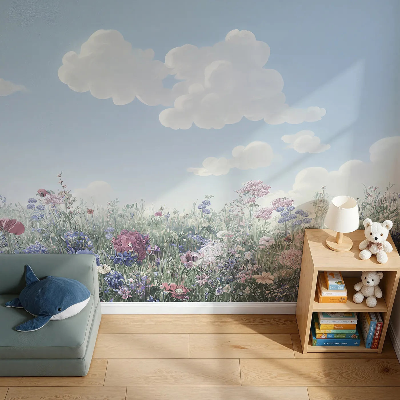 Top-down view of Whimsy Tots' Pastel Wildflower Meadow Wall Mural (Turn Their Room into a Field of Gentle, Painted Flowers).Gender-Neutral