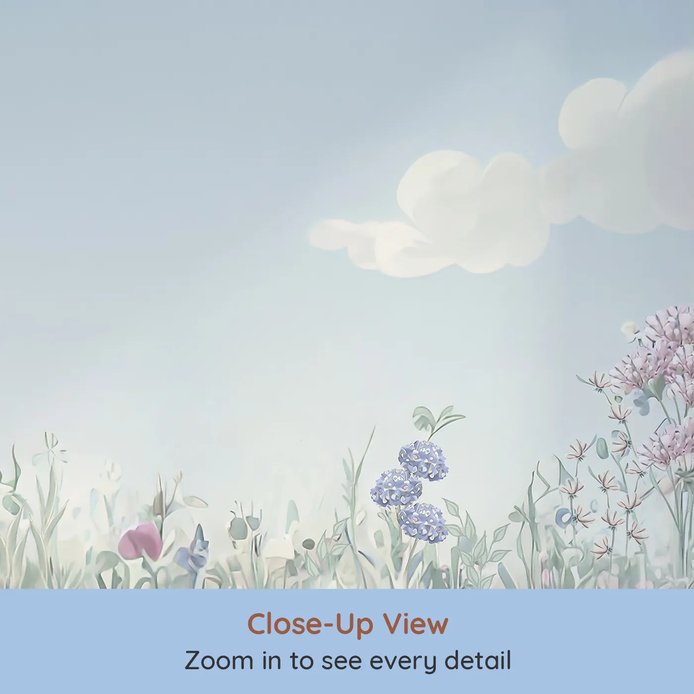 Close-up view of Whimsy Tots' Pastel Wildflower Meadow Wall Mural (Turn Their Room into a Field of Gentle, Painted Flowers).Gender-Neutral