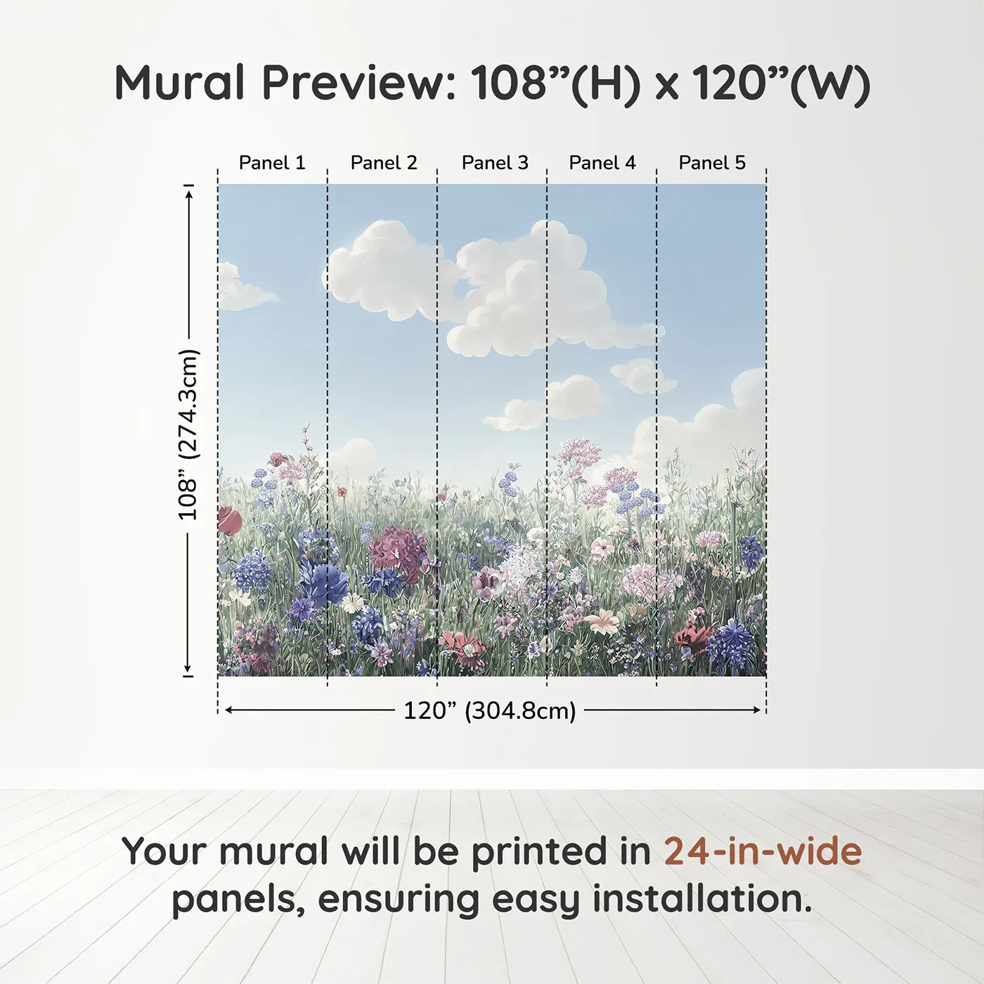 Whimsy Tots Pastel Wildflower Meadow Wall Muraldimension view (108" H x 120" W). Printed in five 24-inch-wide panels. Gender-Neutral