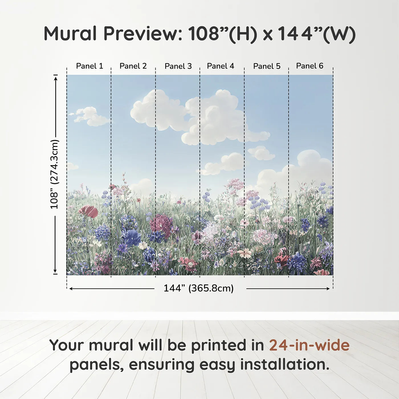 Whimsy Tots Pastel Wildflower Meadow Wall Muraldimension view (108" H x 144" W). Printed in six 24-inch-wide panels. Gender-Neutral