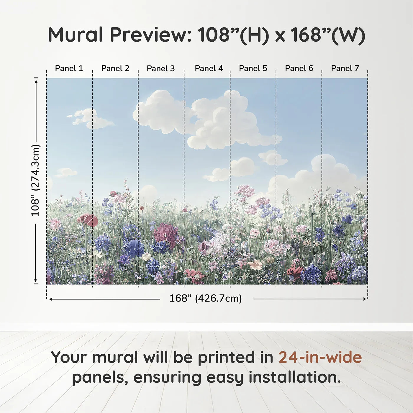 Whimsy Tots Pastel Wildflower Meadow Wall Muraldimension view (108" H x 168" W). Printed in seven 24-inch-wide panels. Gender-Neutral