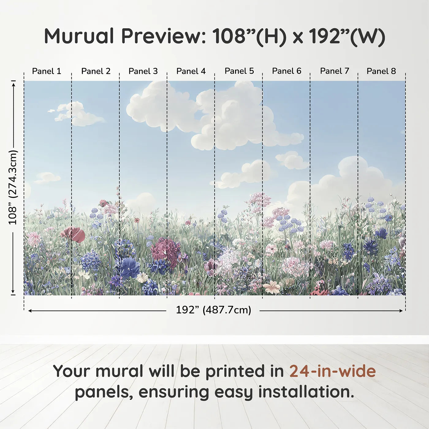 Whimsy Tots Pastel Wildflower Meadow Wall Muraldimension view (108" H x 192" W). Printed in eight 24-inch-wide panels. Gender-Neutral
