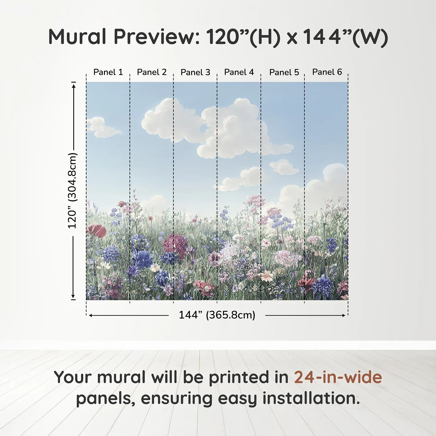 Whimsy Tots Pastel Wildflower Meadow Wall Muraldimension view (120" H x 144" W). Printed in six 24-inch-wide panels. Gender-Neutral