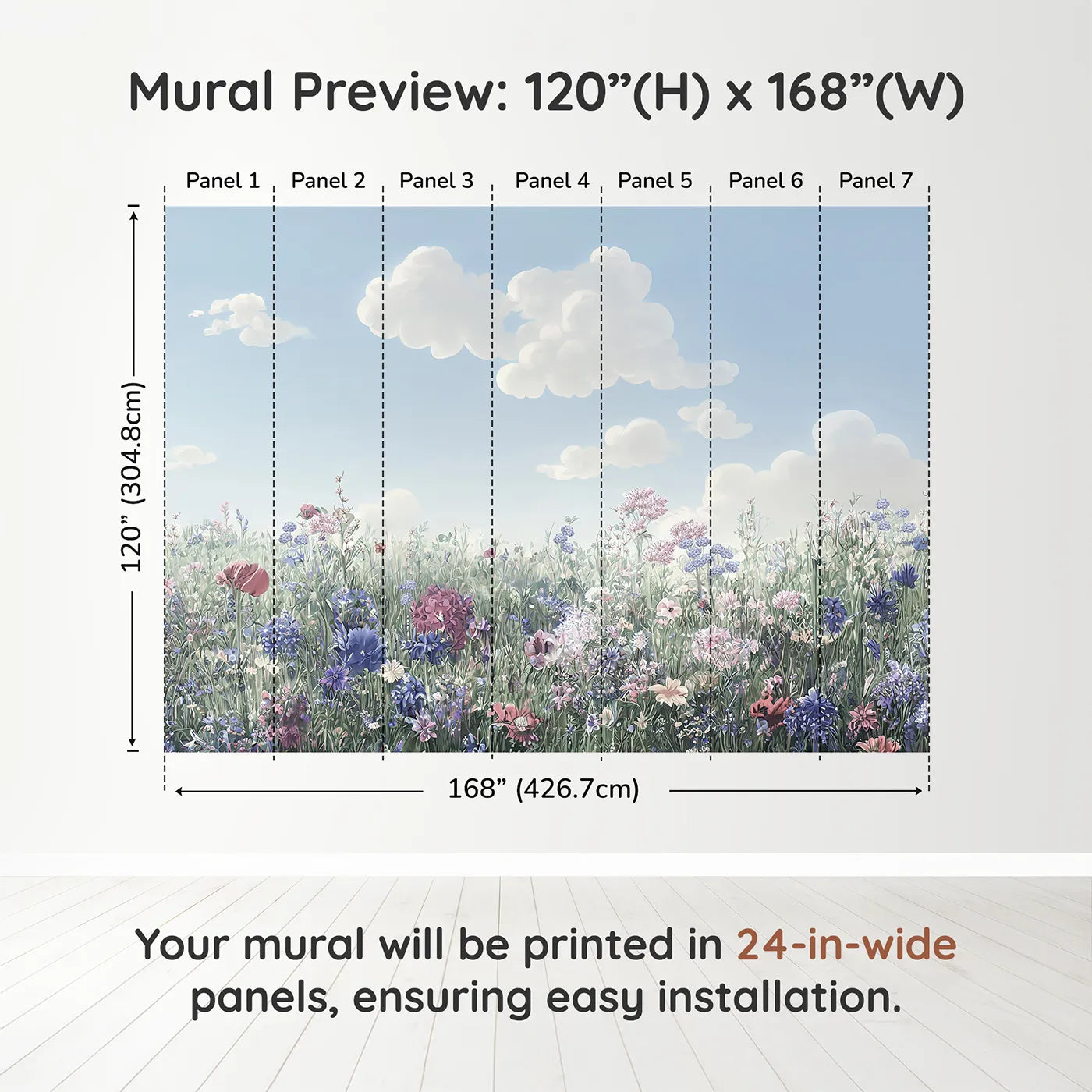 Whimsy Tots Pastel Wildflower Meadow Wall Muraldimension view (120" H x 168" W). Printed in seven 24-inch-wide panels. Gender-Neutral